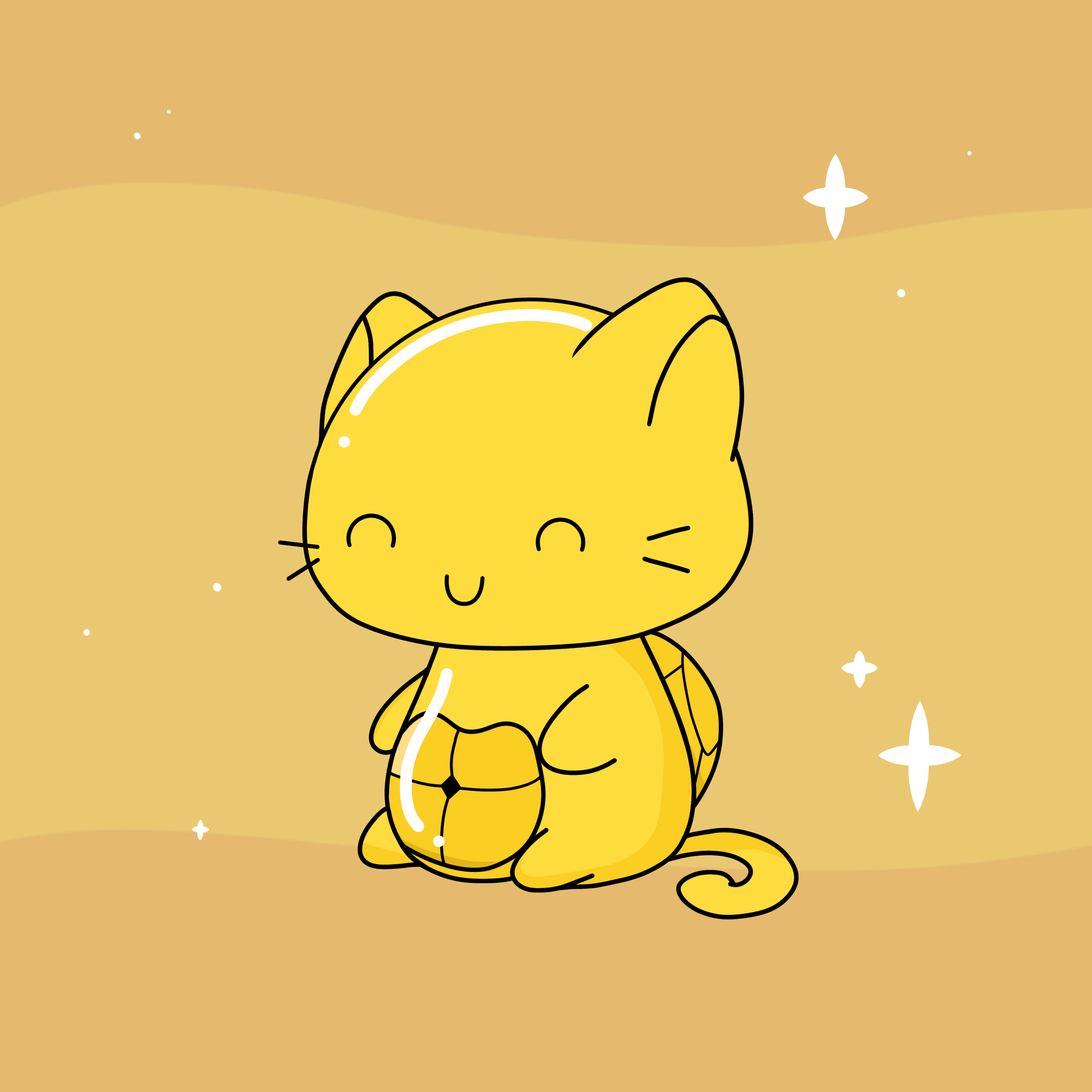 Cartoon Animal 桌布 壁紙 — 一隻可愛的黃色卡通貓咪，面帶微笑，在帶有閃爍光芒的溫暖金色背景上快樂地坐著。