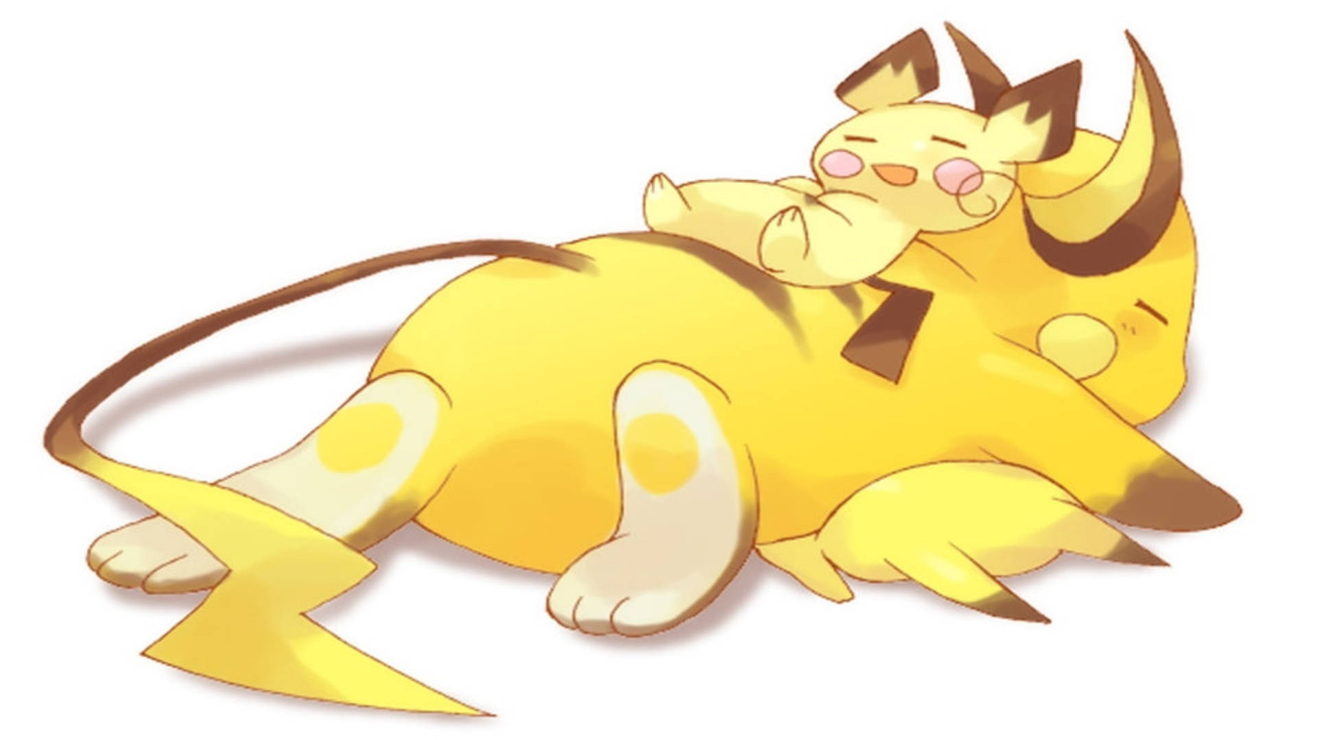 Raichu 桌布 壁紙 — 一隻可愛的黃色寶可夢，有閃電尾巴，蜷縮在白色背景上睡覺。