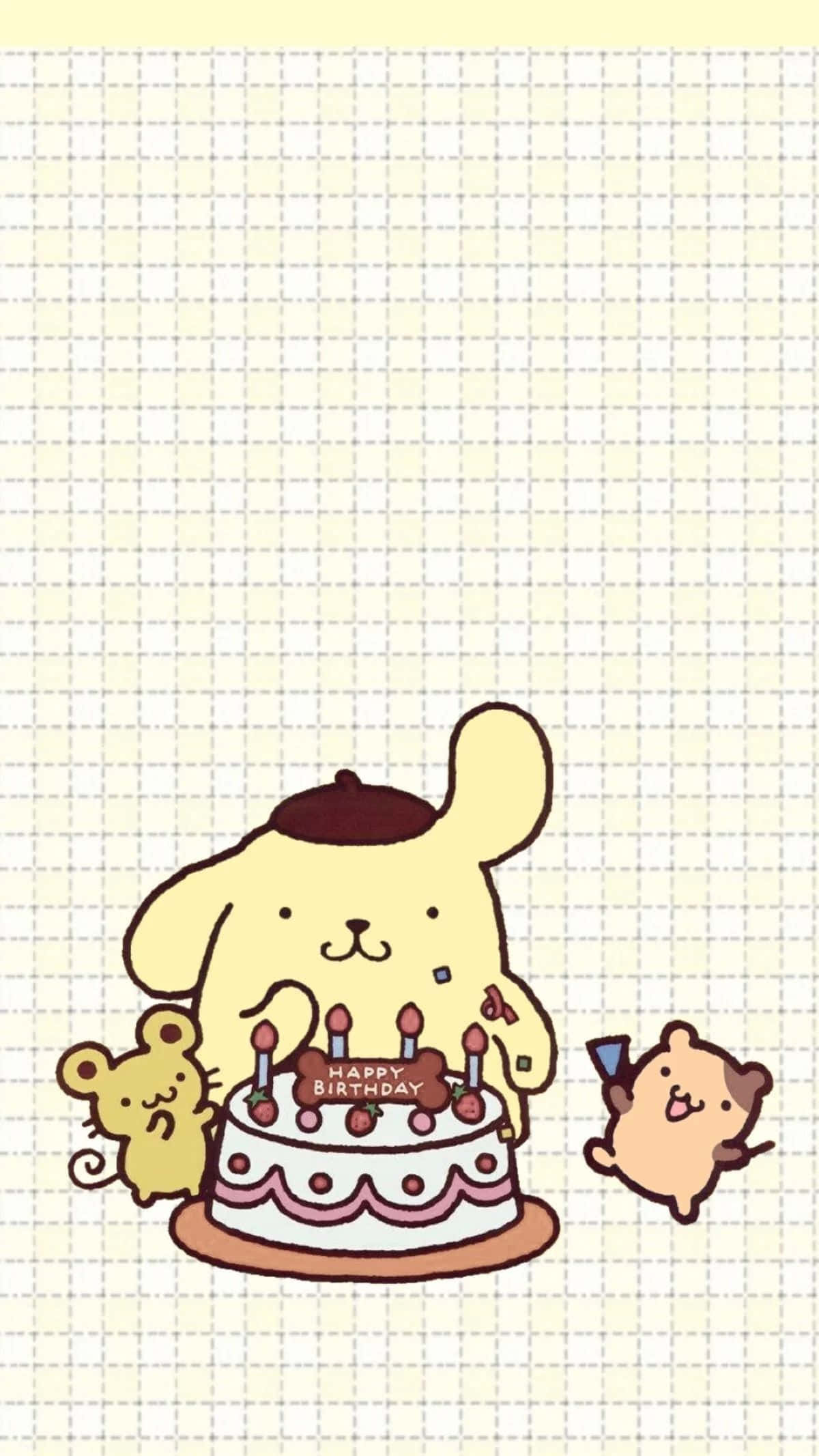 桌布 壁紙 — 一隻可愛的黃色小狗和兩隻小動物在方格紙背景上慶祝生日，有蛋糕和蠟燭。