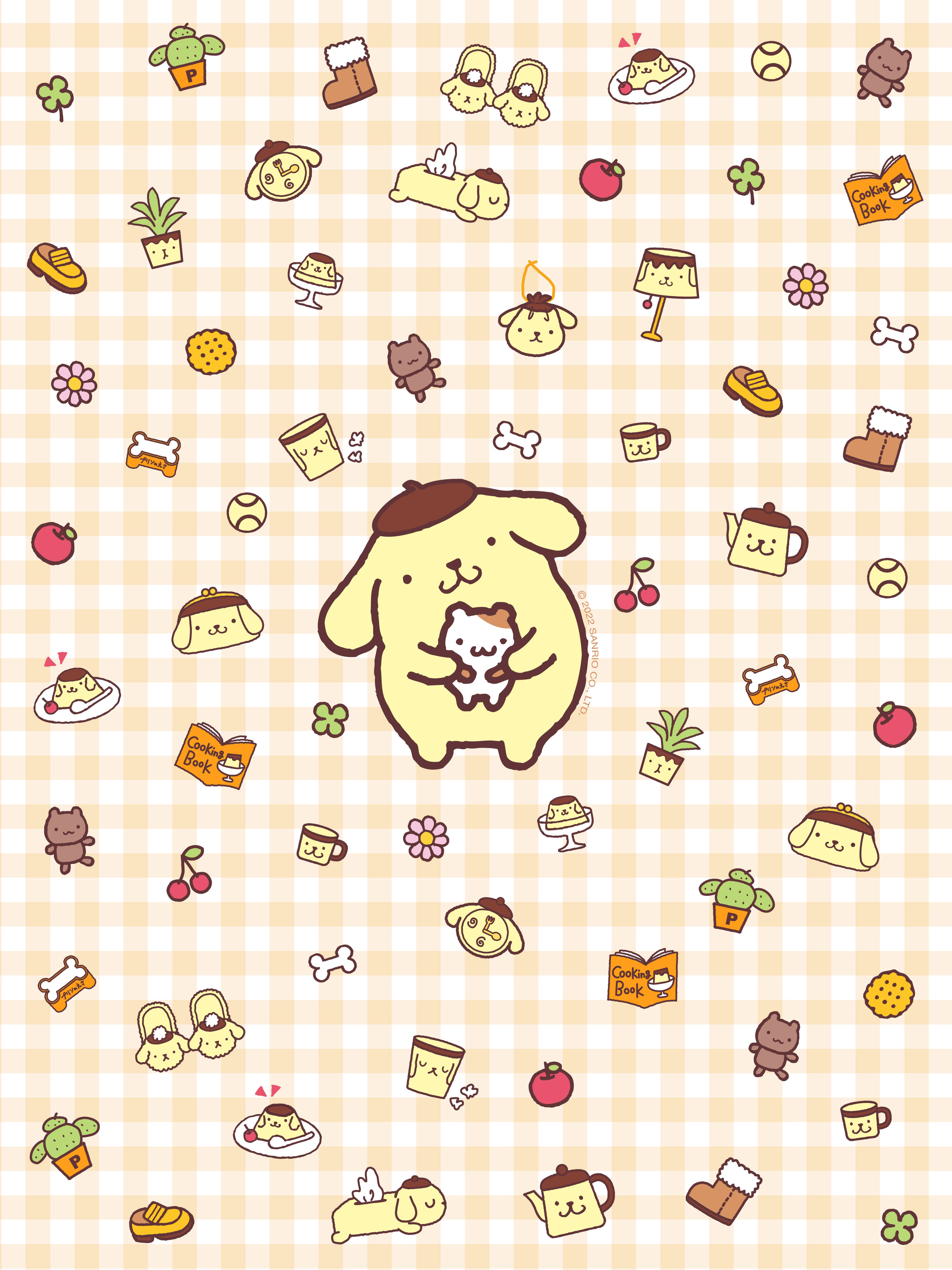 Cute Cartoon Dog 桌布 壁紙 — 一隻可愛的黃色小狗抱著一隻較小的狗，背景是米色格紋，散落著各種可愛物品。