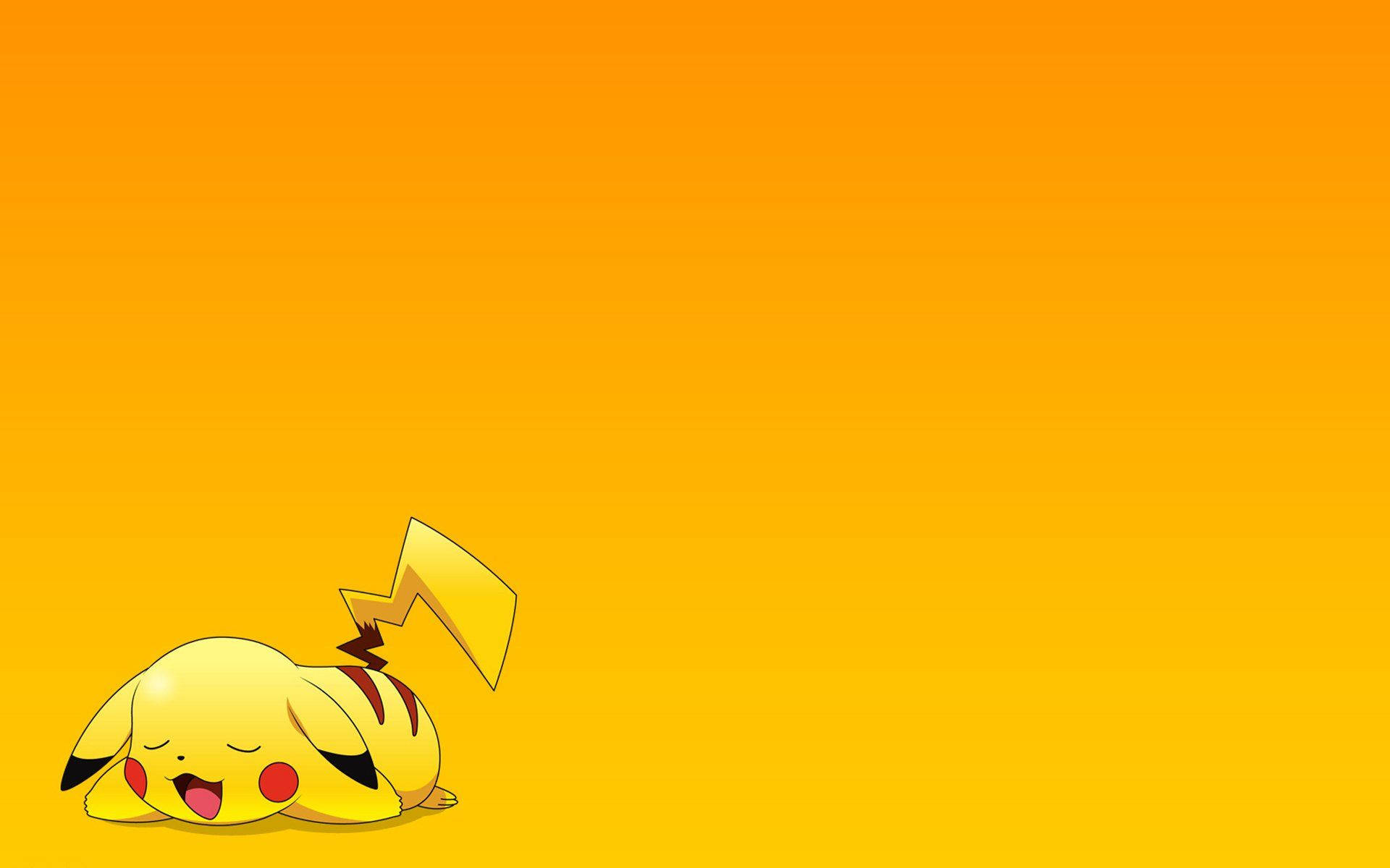 pikachu 3d 桌布 壁紙 — 一隻可愛的黃色皮卡丘在橙色漸層背景上安詳地睡覺，尾巴蜷曲起來。