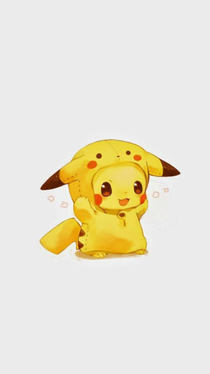 Whatsapp Dp 桌布 壁紙 — 一隻可愛的黃色皮卡丘穿著縫製的服裝，在純淺灰色背景前愉快地揮手。