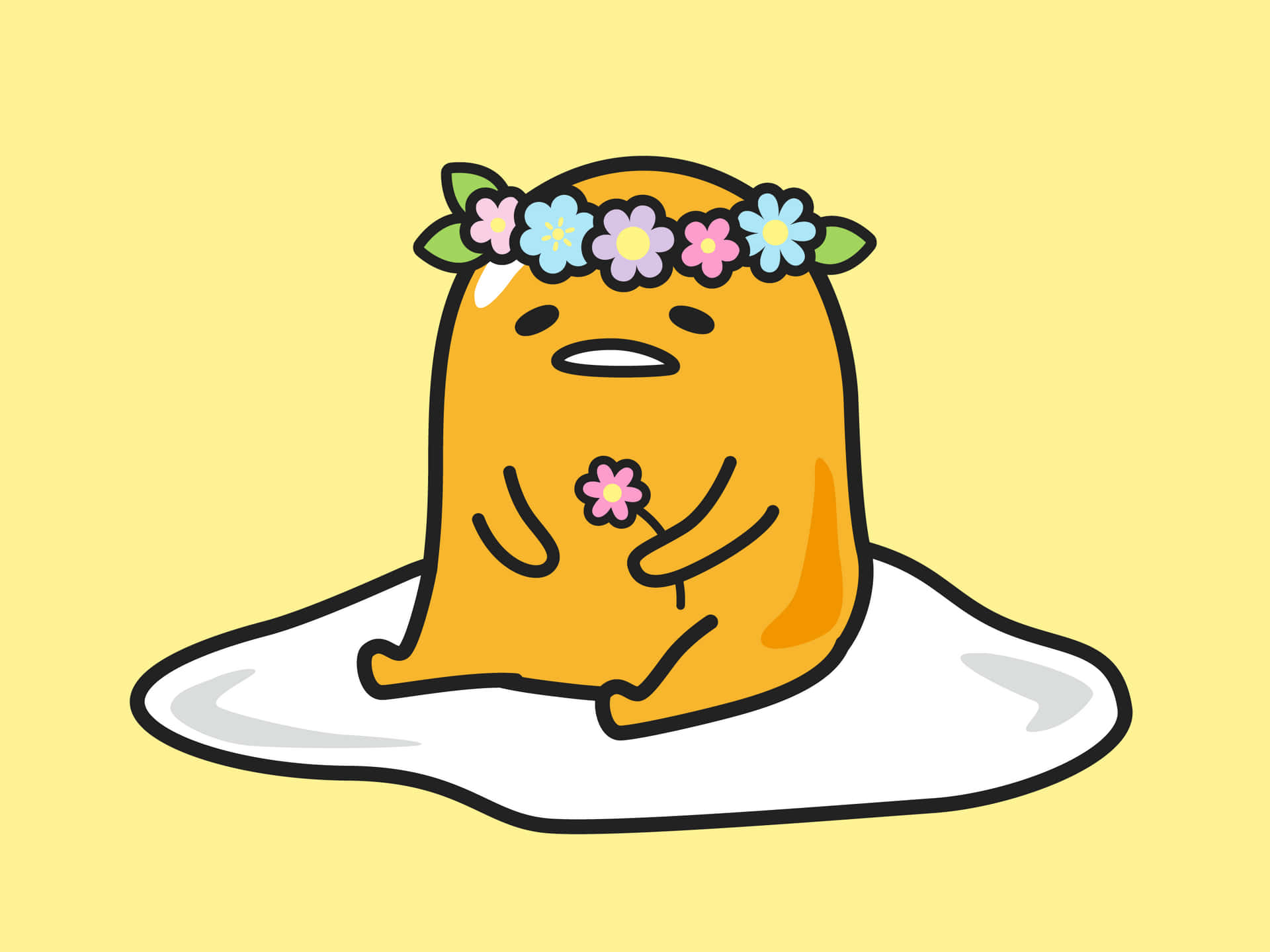 一隻戴著花冠的黃色軟糖熊，在白色水坑上拿著一朵花。 — 蛋黃哥 壁紙