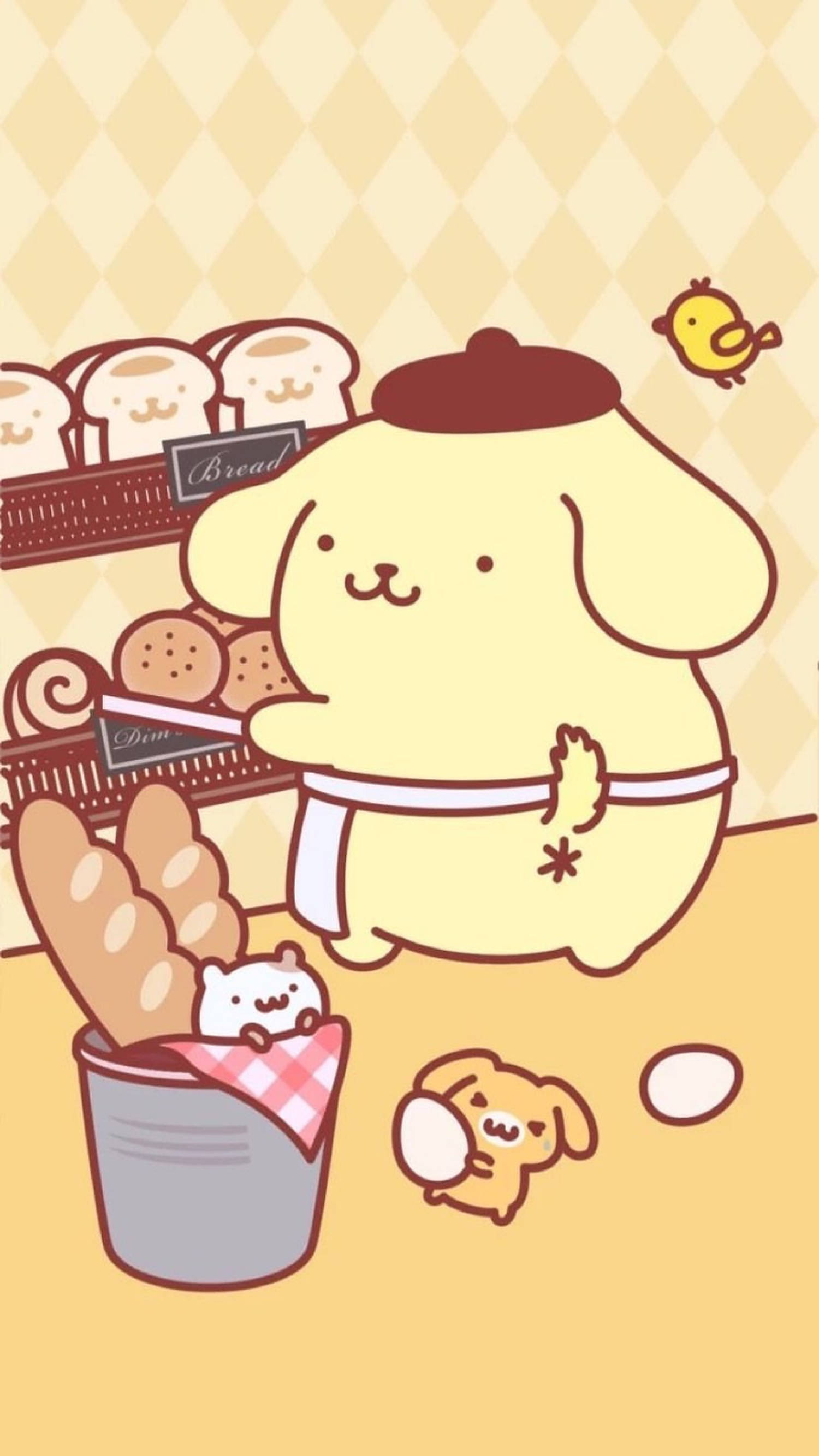 布丁狗 桌布 壁紙 — 一隻可愛的黃色麵包店狗戴著廚師帽，拿著一盤麵包，而小動物朋友們在附近玩耍。