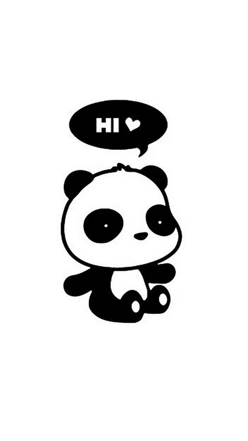 Hi 桌布 壁紙 — 一隻可愛的黑白卡通熊貓坐著，對話框裡說嗨心。