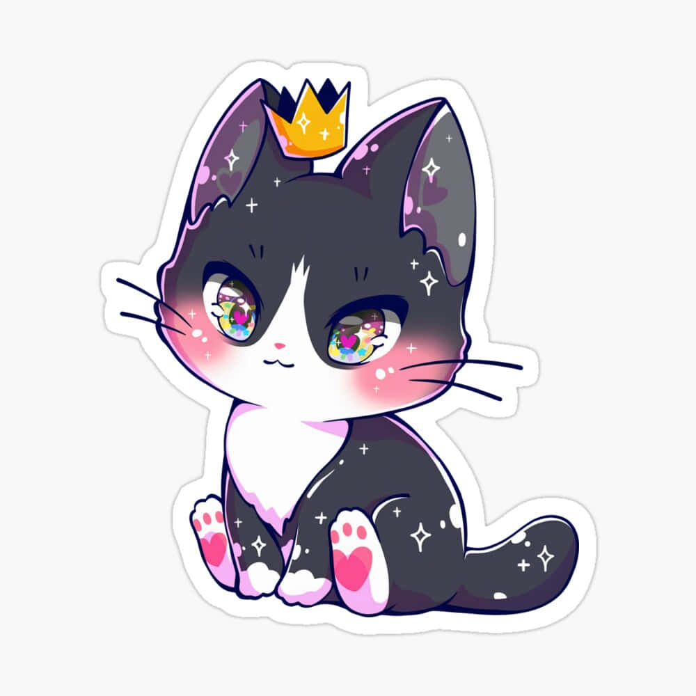cute kitty 桌布 壁紙 — 一隻可愛的黑白卡通貓咪，戴著小皇冠，閃閃發光，還有心形肉球，坐在純色背景上，非常可愛。