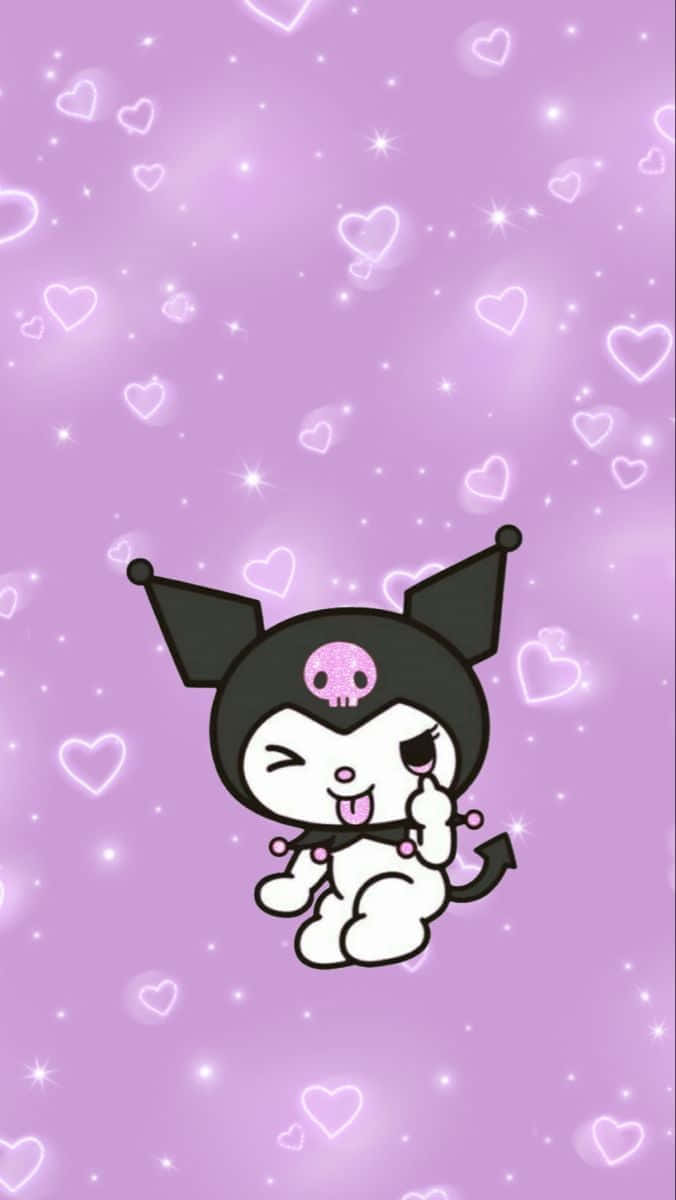 sanrio 桌布 壁紙 — 一隻可愛的黑白卡通貓咪戴著骷髏帽，在充滿閃爍心形的閃亮紫色背景上頑皮地眨眼。