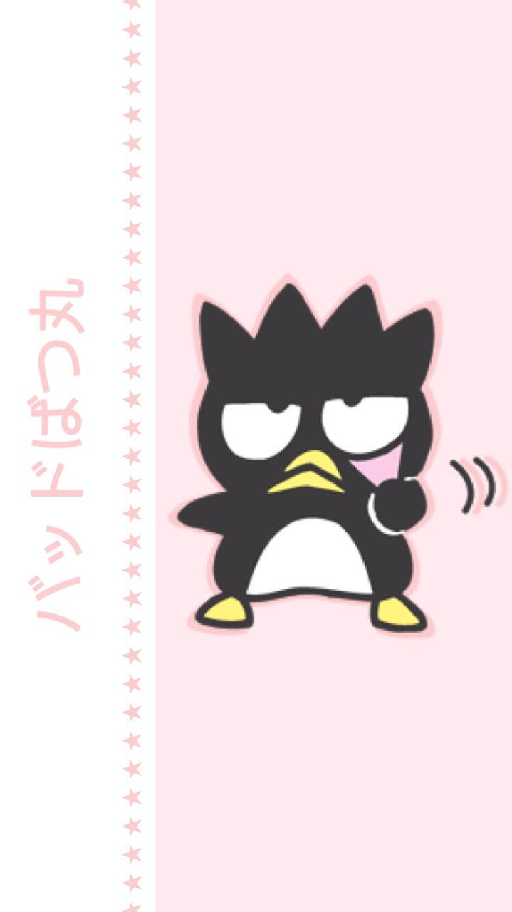 Badtz Maru 桌布 壁紙 — 一隻可愛的黑色卡通企鵝，有尖刺的頭髮和黃色的喙和腳，站在粉紅色背景上，帶有垂直的星形邊框文字面板。