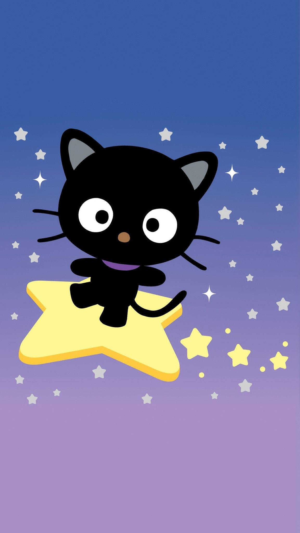 Chococat 桌布 壁紙 — 一隻可愛的黑色卡通貓，有大眼睛，坐在一個發光的黃色星星上面，在紫色藍色漸變天空中漂浮在白色星星之間。