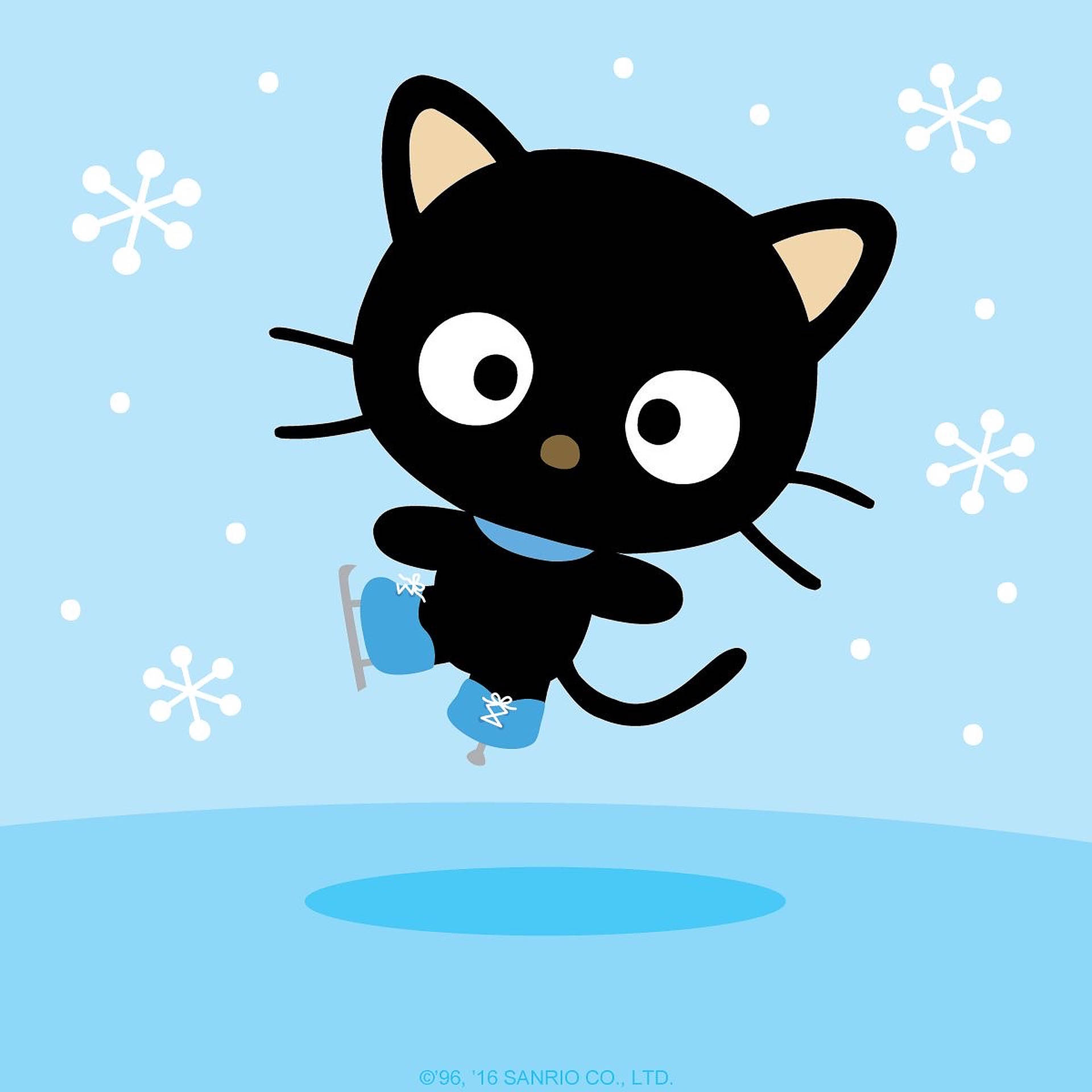 Chococat 桌布 壁紙 — 一隻可愛的黑色卡通貓咪，大眼睛，在淺藍色天空下溜冰，雪花飄落。