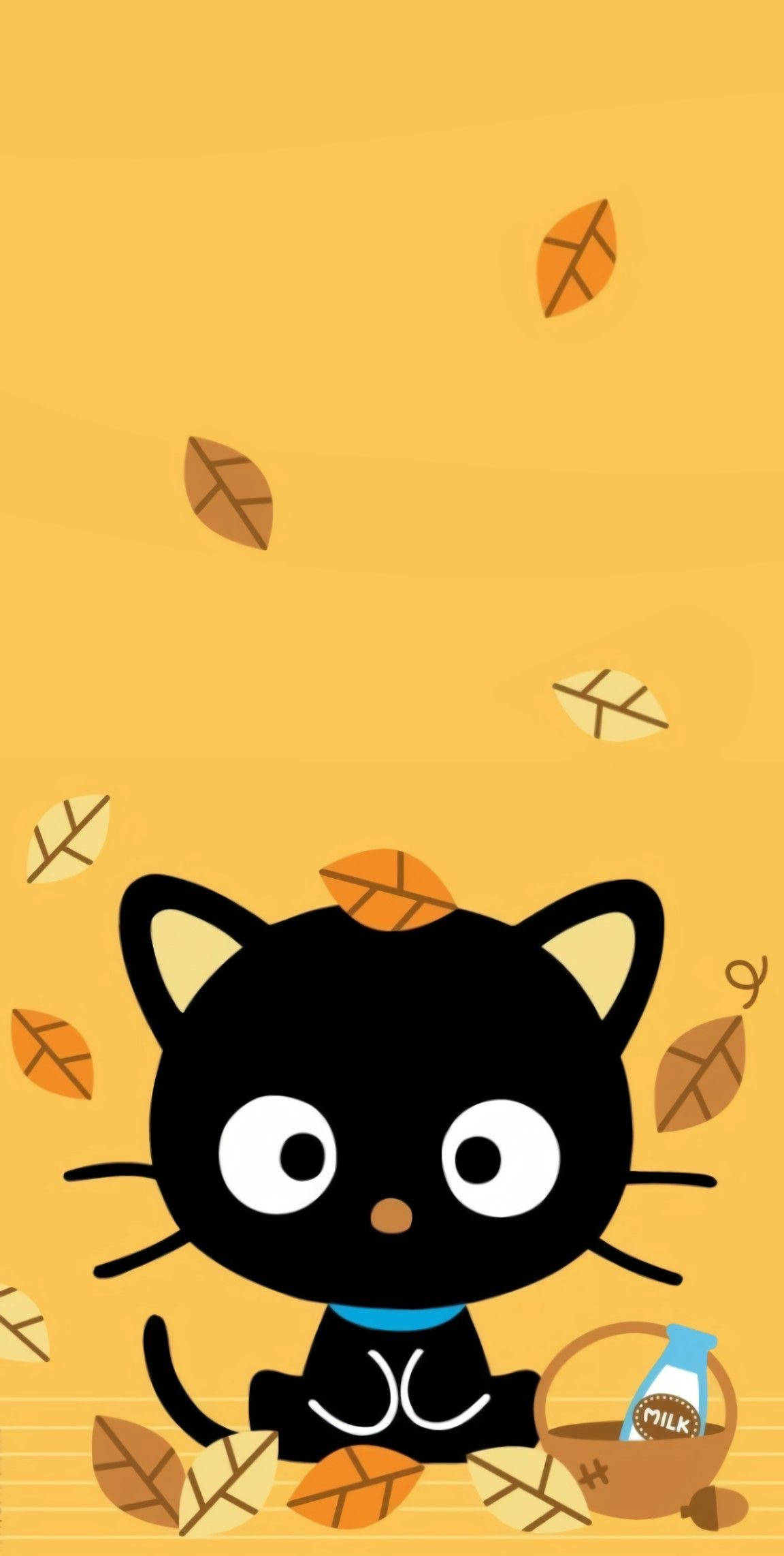 Chococat 桌布 壁紙 — 一隻可愛的黑色卡通貓咪，大眼睛，坐在飄落的秋葉中，拿著一個裝有牛奶瓶的籃子。