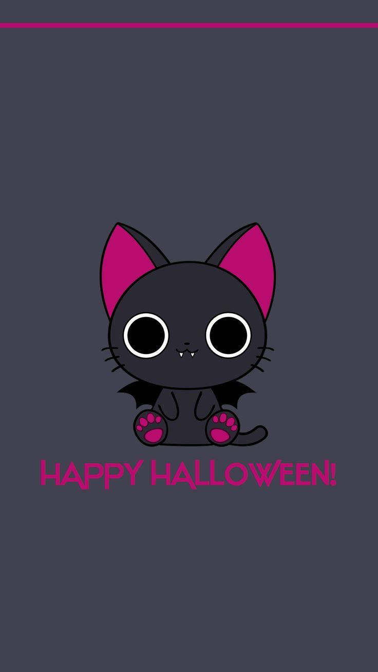 Kawaii Halloween 桌布 壁紙 — 一隻可愛的黑色卡通貓咪，有粉紅色的耳朵和爪子，坐在深灰色背景上，有粉紅色的文字寫著 happy halloween。