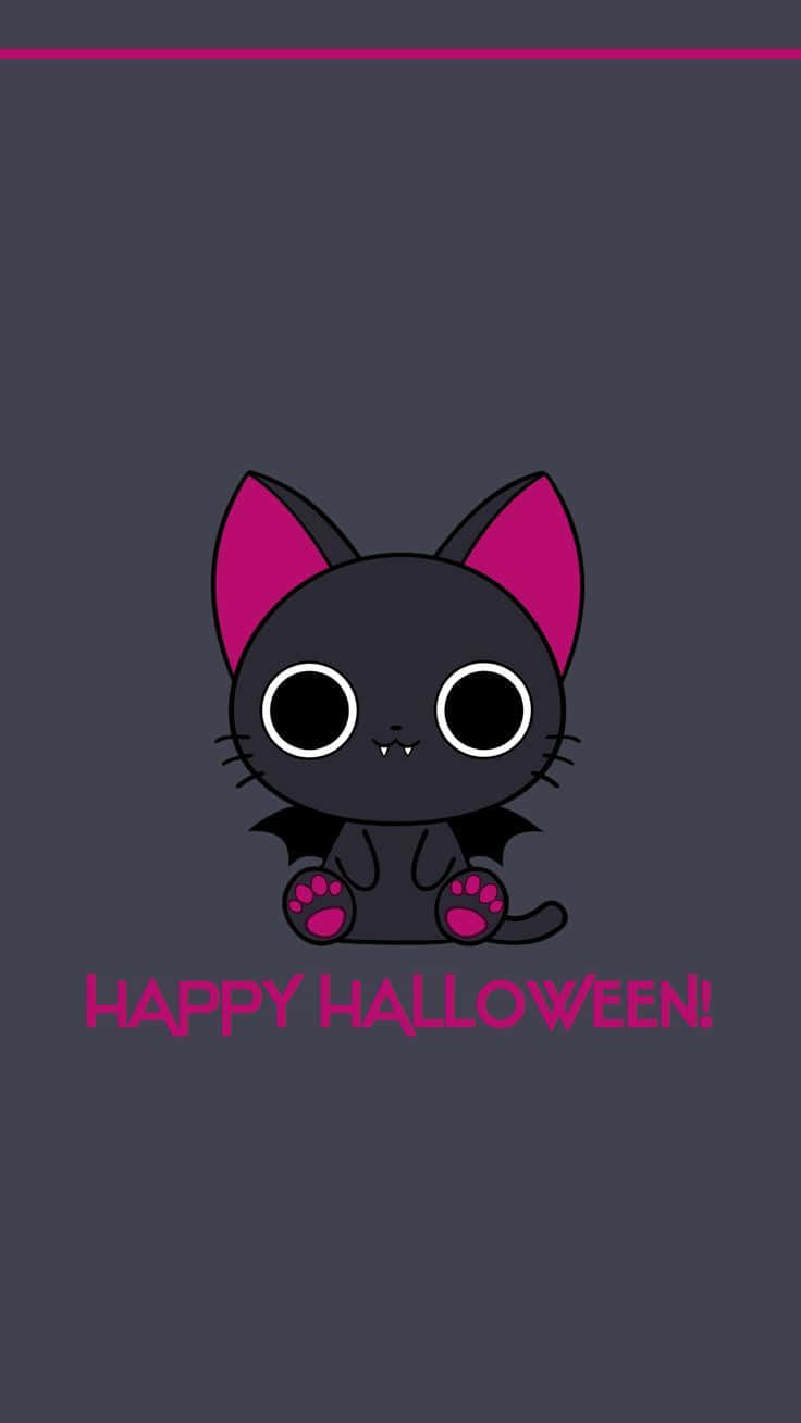 Funny Halloween 桌布 壁紙 — 一隻可愛的黑色卡通貓咪，有粉紅色耳朵和蝙蝠翅膀，坐在深灰色背景上，帶有粉紅色的「HAPPY HALLOWEEN!」文字。