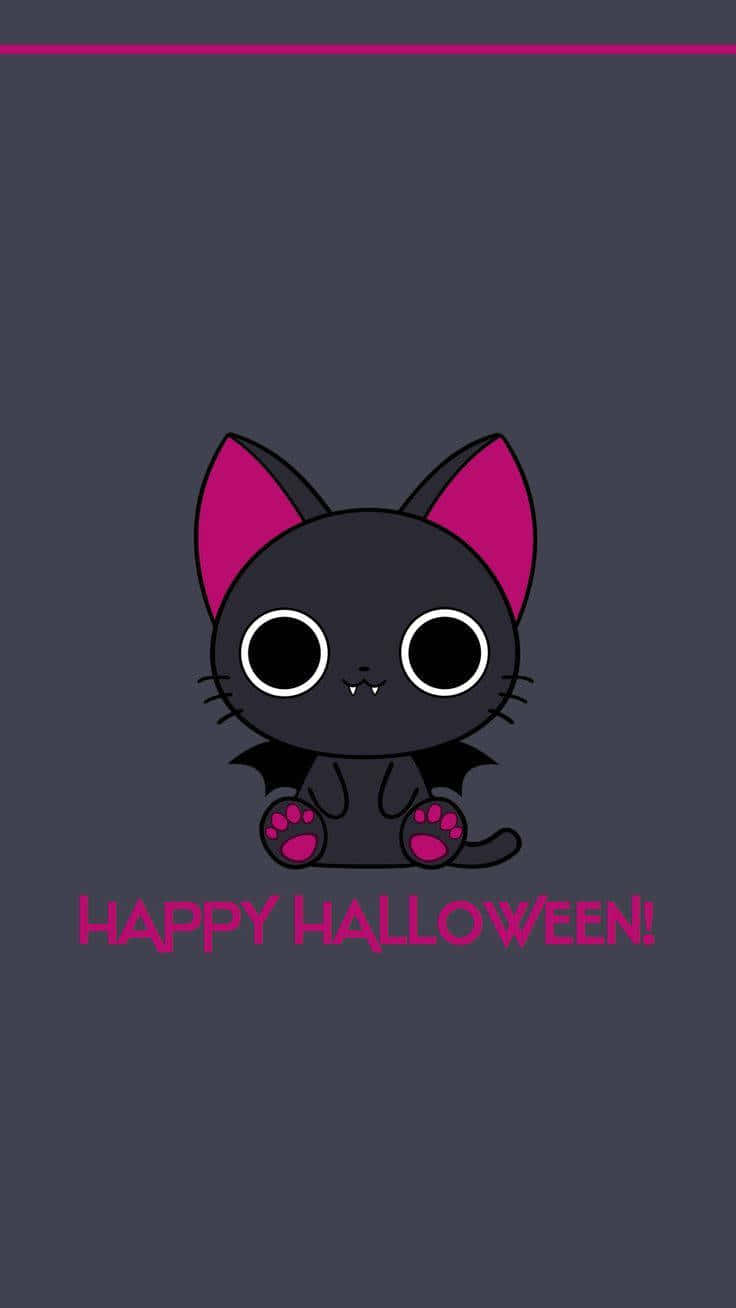 Halloween Cat 桌布 壁紙 — 一隻可愛的黑色卡通貓咪，有粉紅色耳朵和蝙蝠翅膀，坐在深灰色背景上，有粉紅色文字寫著 happy halloween。