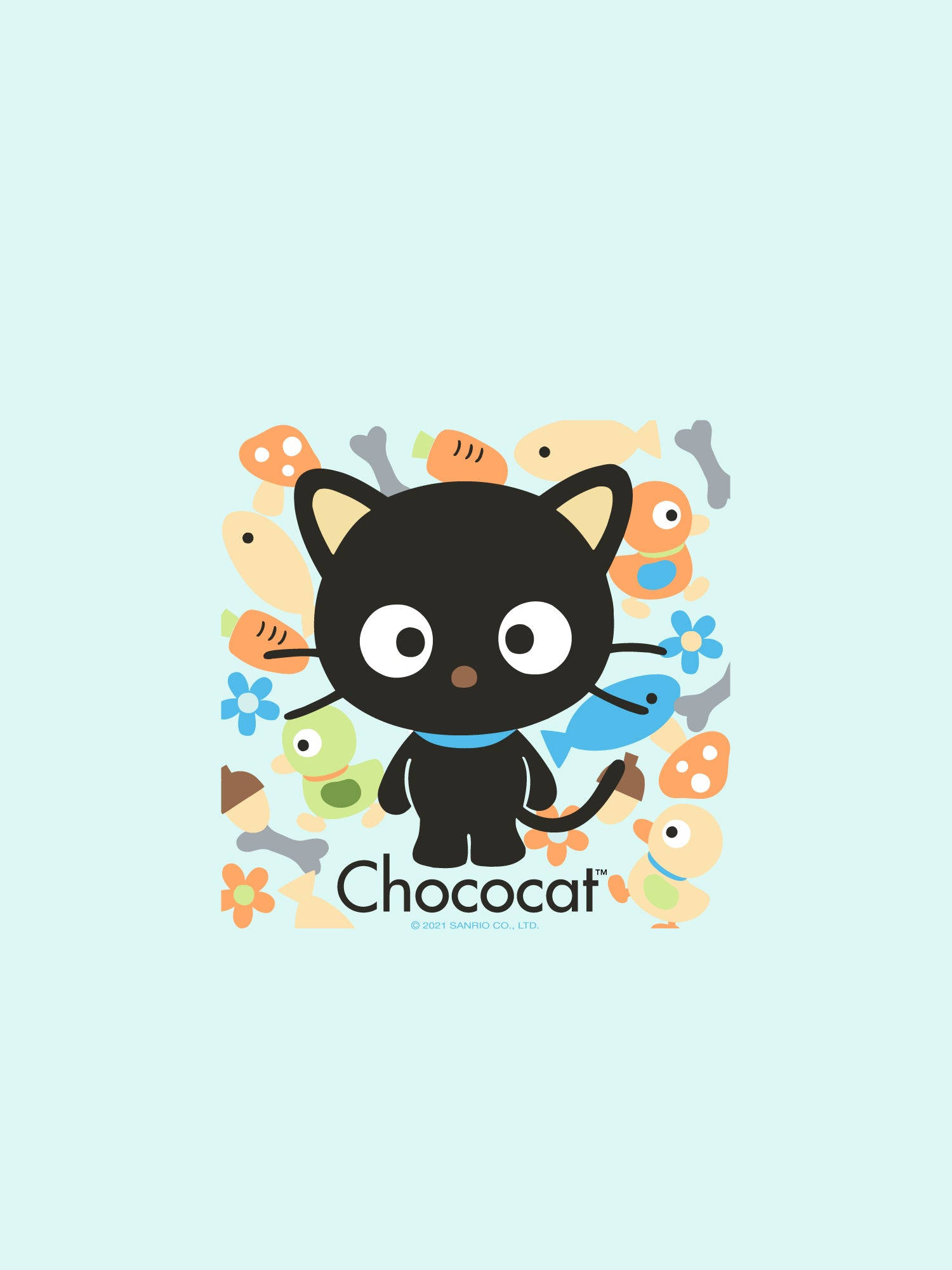 Chococat 桌布 壁紙 — 一隻可愛的黑色卡通貓咪，被色彩繽紛的食物圍繞在淺藍色背景上。