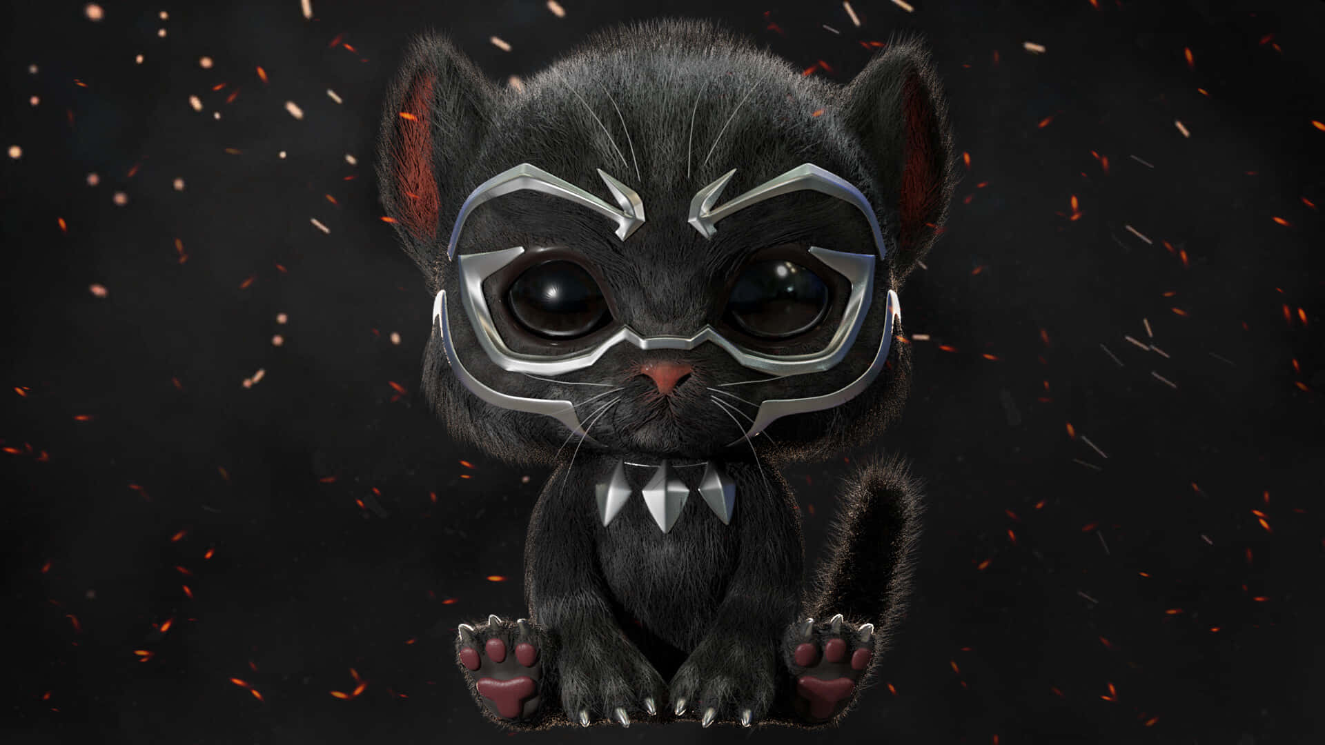 Cute Black Panther 桌布 壁紙 — 一隻可愛的黑色小貓，戴著銀色護目鏡和尖牙，坐在黑暗背景前，周圍有漂浮的餘燼。