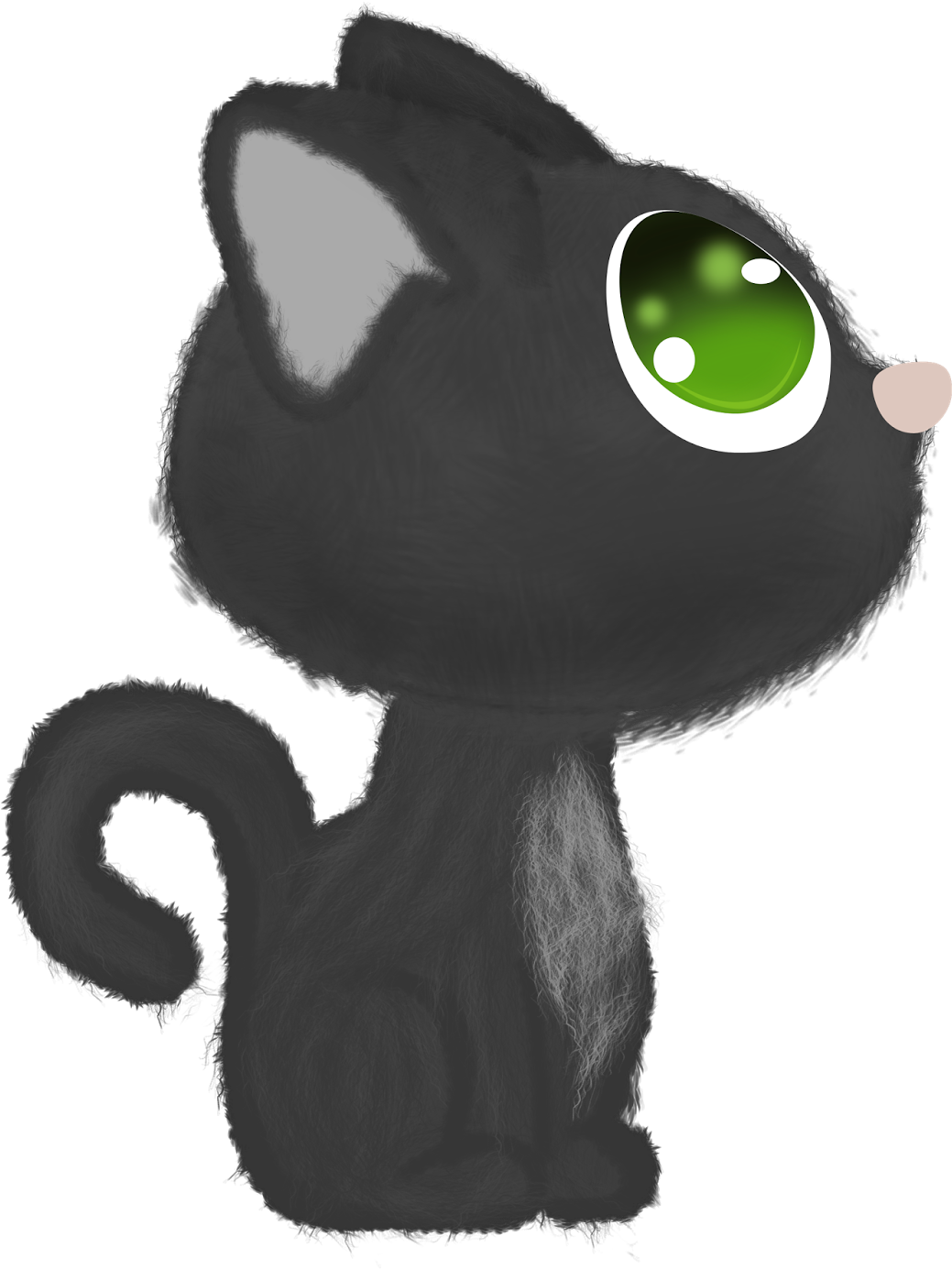 gato 桌布 壁紙 — 一隻可愛的黑色小貓，有一隻大的發光綠色眼睛和一個細小的粉紅色鼻子，坐在純黑色背景前。