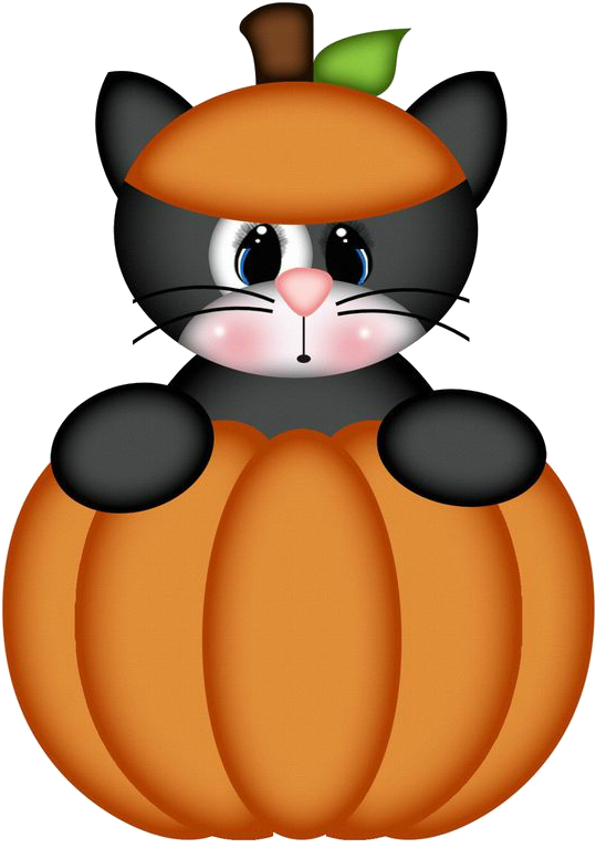 Cute Cartoon Animal 桌布 壁紙 — 一隻可愛的黑貓，有著大大的藍眼睛，戴著綠色葉子帽，從橙色南瓜裡探出頭來。