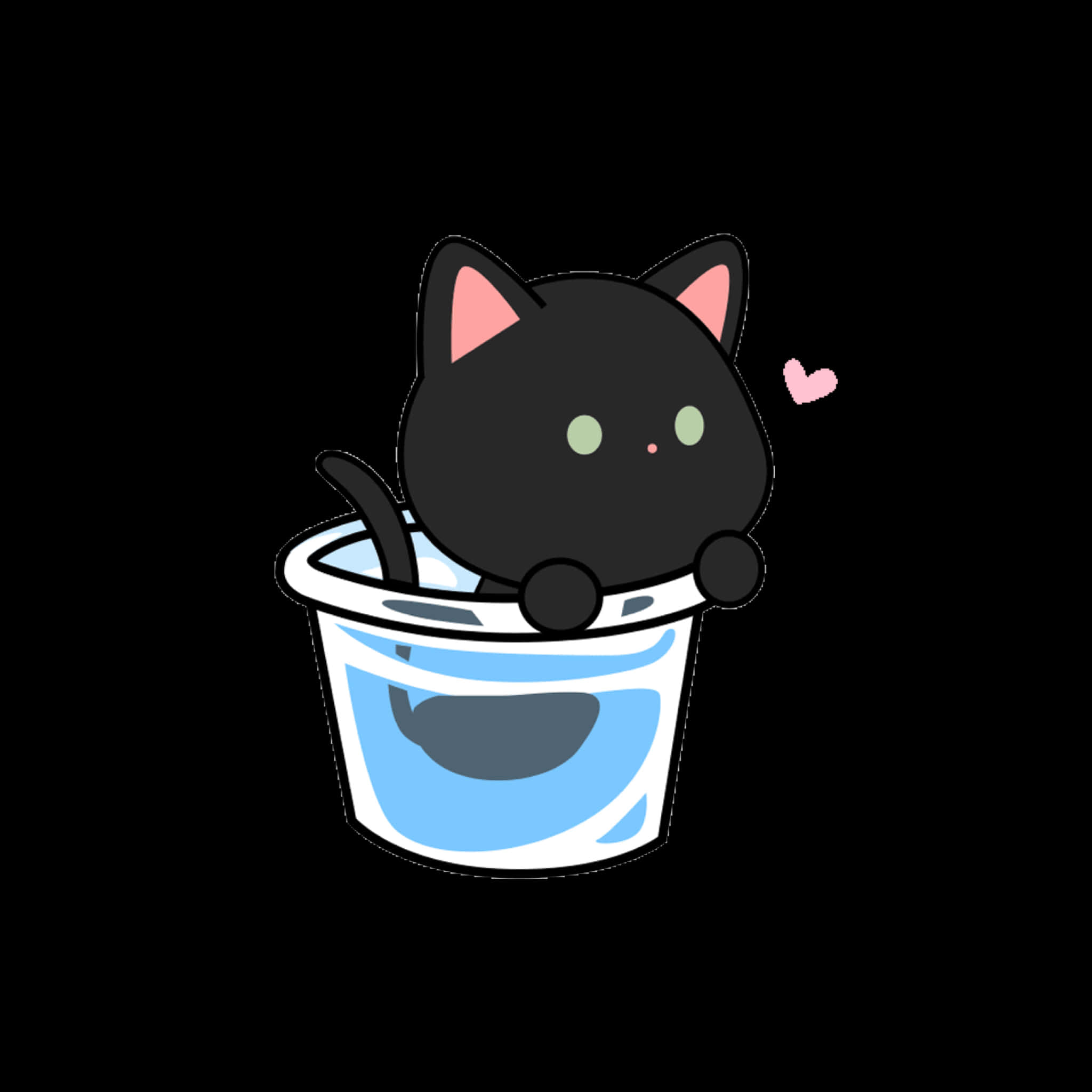 Cute Cat 桌布 壁紙 — 一隻可愛的黑貓，粉紅色耳朵，開心坐在藍色優格杯裡，旁邊漂浮著一個小愛心。