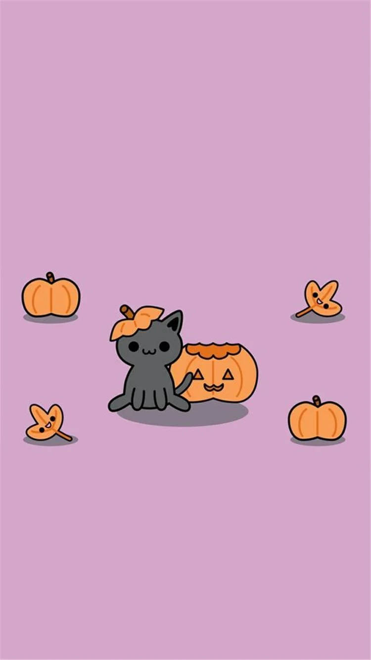 Cute Halloween 桌布 壁紙 — 一隻可愛的黑貓戴著南瓜帽，坐在微笑的傑克南瓜燈旁邊，周圍有小南瓜和秋葉，背景是柔和的粉紅色。