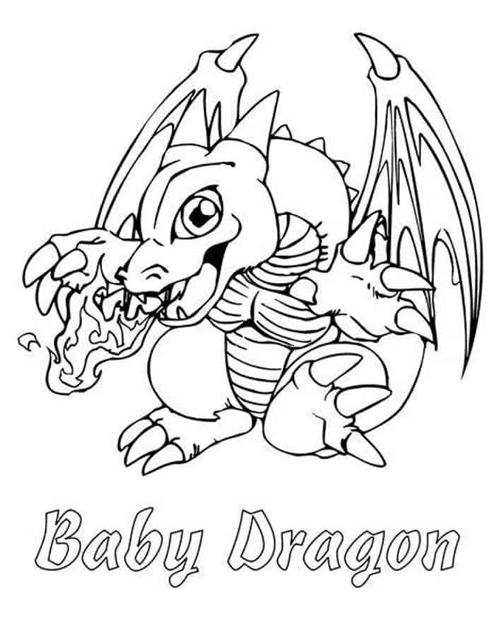 Dragon Coloring 桌布 壁紙 — 一隻可愛的龍寶寶，有翅膀和尖刺，正在吃一個火焰球，採用黑白線條藝術風格。