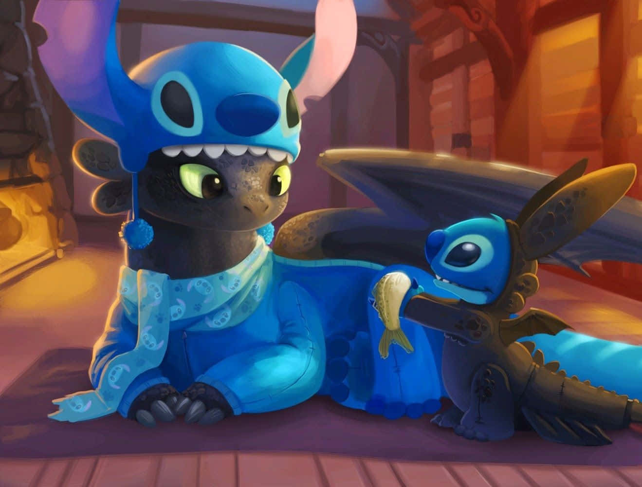 Cute Lilo And Stitch 桌布 壁紙 — 一隻可愛的龍戴著史迪奇帽子和睡衣，坐在一隻拿著魚的小龍旁邊，在一個舒適的木屋裡。