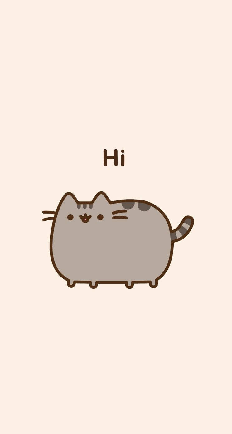 pusheen 動圖 桌布 壁紙 — 一隻可愛胖胖的卡通貓咪，有條紋尾巴，在柔和的米色背景上揮手打招呼。