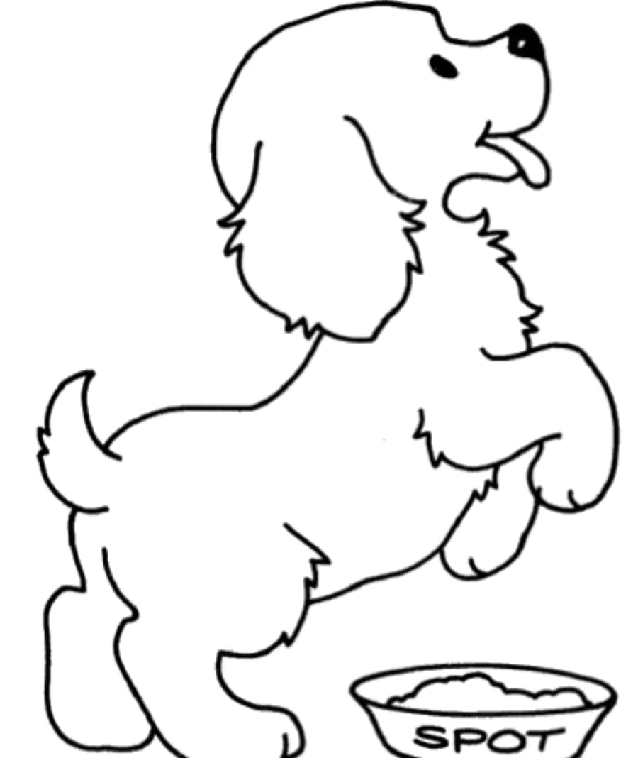 Dog Coloring 桌布 壁紙 — 一隻名叫 Spot 的小狗興奮地伸手去拿食物碗的歡樂黑白線條畫。
