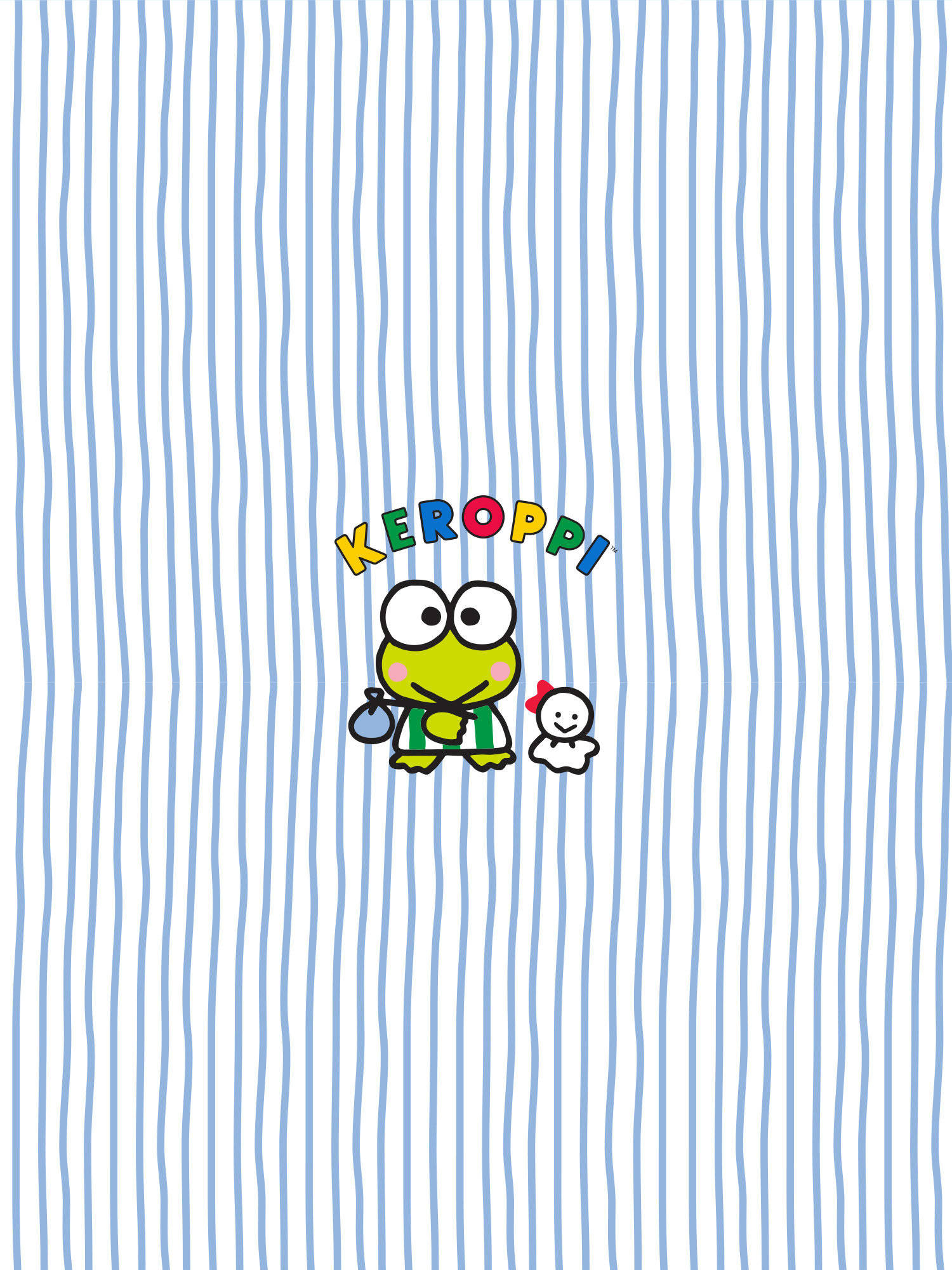 Keroppi 桌布 壁紙 — 一隻名叫Keroppi的快樂綠色青蛙角色站在一個小幽靈旁邊，背景是藍白條紋。