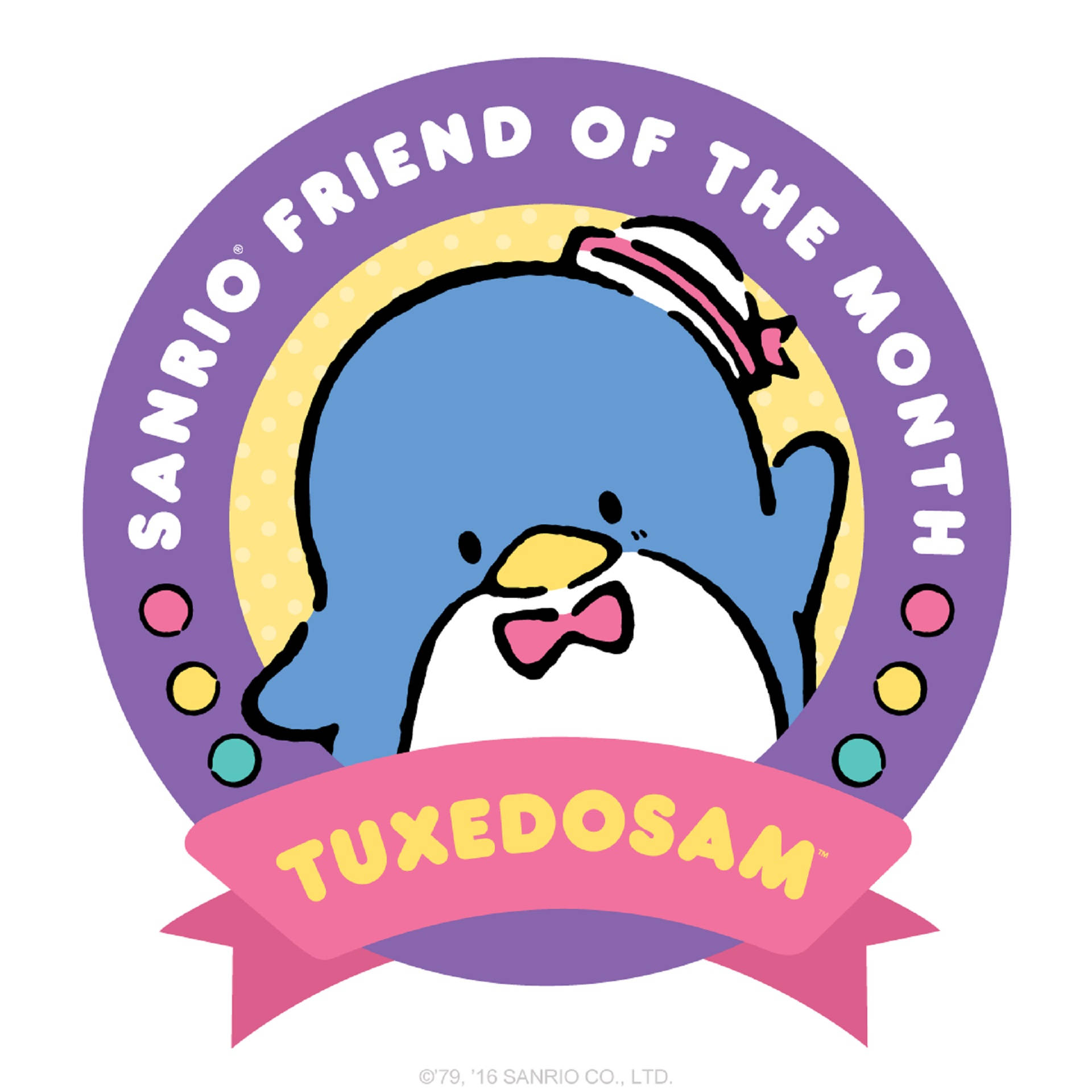 Tuxedo 桌布 壁紙 — 一隻名叫Tuxedosam的快樂藍色企鵝角色，戴著粉紅色蝴蝶結和水手帽，位於色彩繽紛的圓形徽章內。