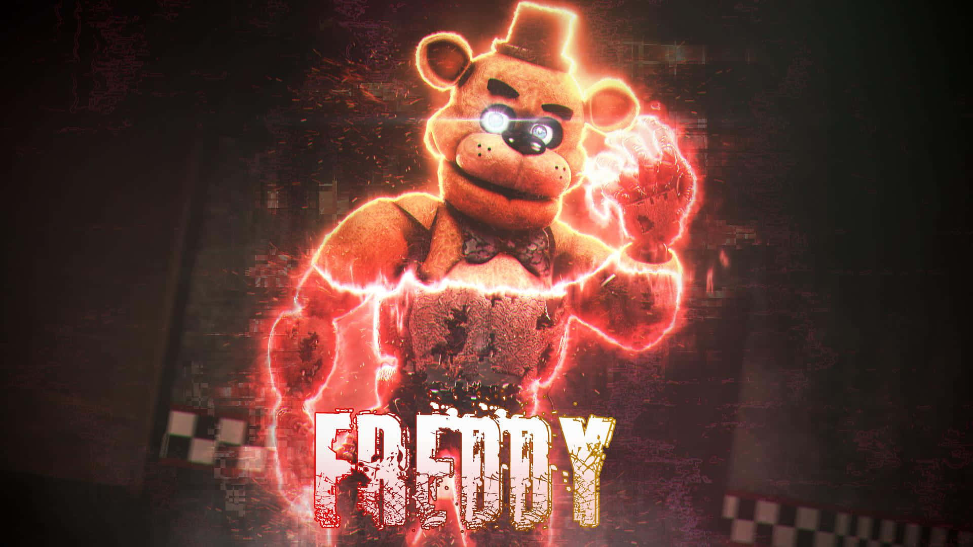Freddy Fazbear 桌布 壁紙 — 一隻名叫弗雷迪的可怕電子動畫熊在黑暗扭曲的背景中發出電紅色的光芒。