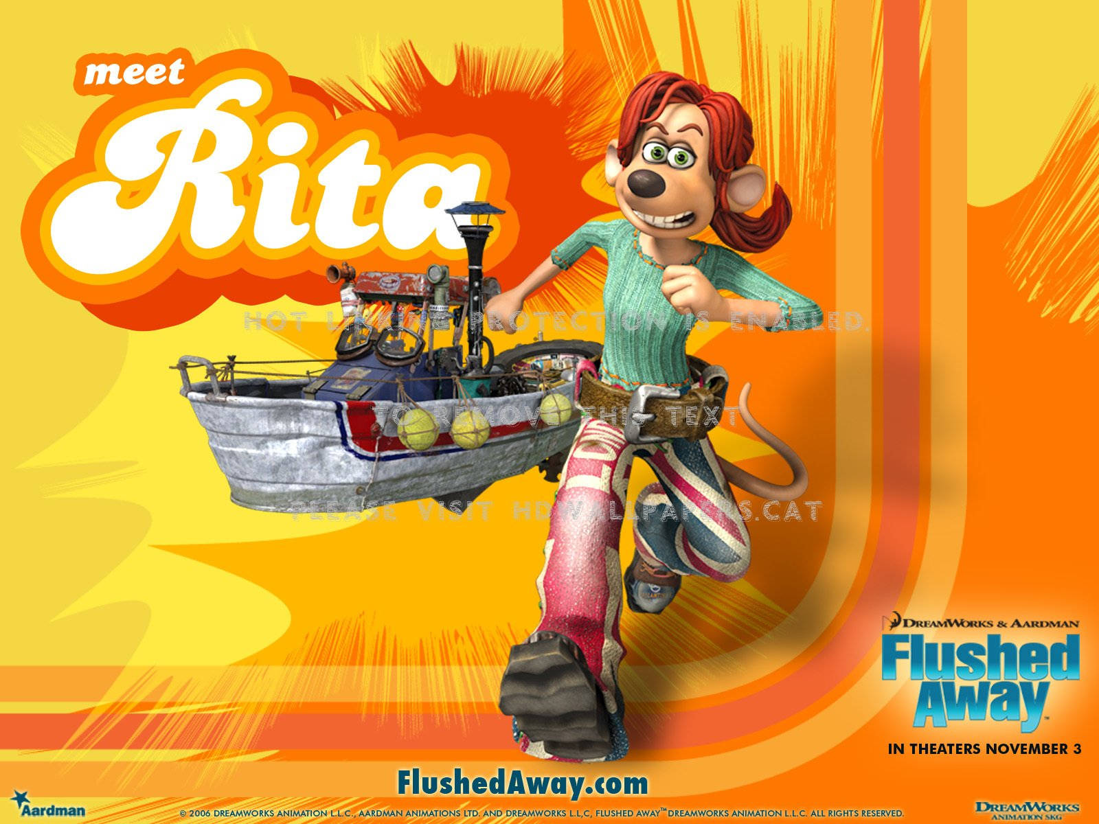 Flushed Away 桌布 壁紙 — 一隻名叫麗塔的快樂動畫老鼠自豪地站在她雜亂的船旁，背景是鮮豔的橙色和黃色。