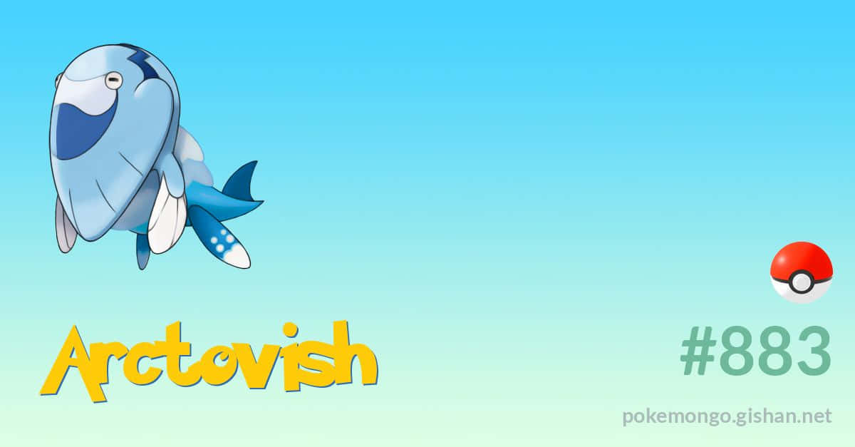 動漫 桌布 壁紙 — 一隻名為 Arctovish 的卡通藍色魚類寶可夢在漸變天空背景下游泳，並顯示其精靈球編號和名稱。