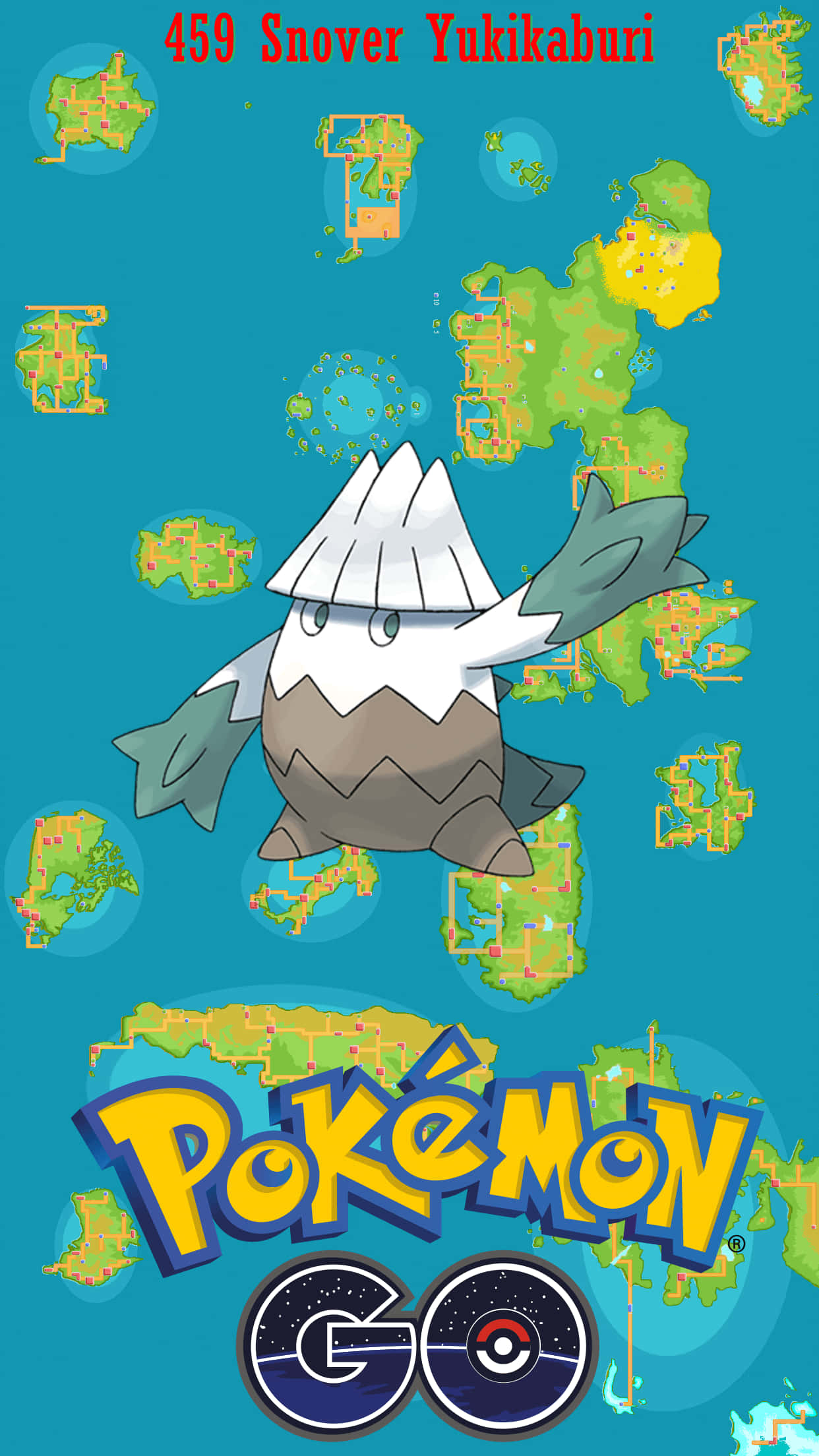 寶可夢 桌布 壁紙 — 一隻名為 Snover 的雪山主題寶可夢漂浮在 Pokémon GO 區域地圖上方，背景為青綠色。