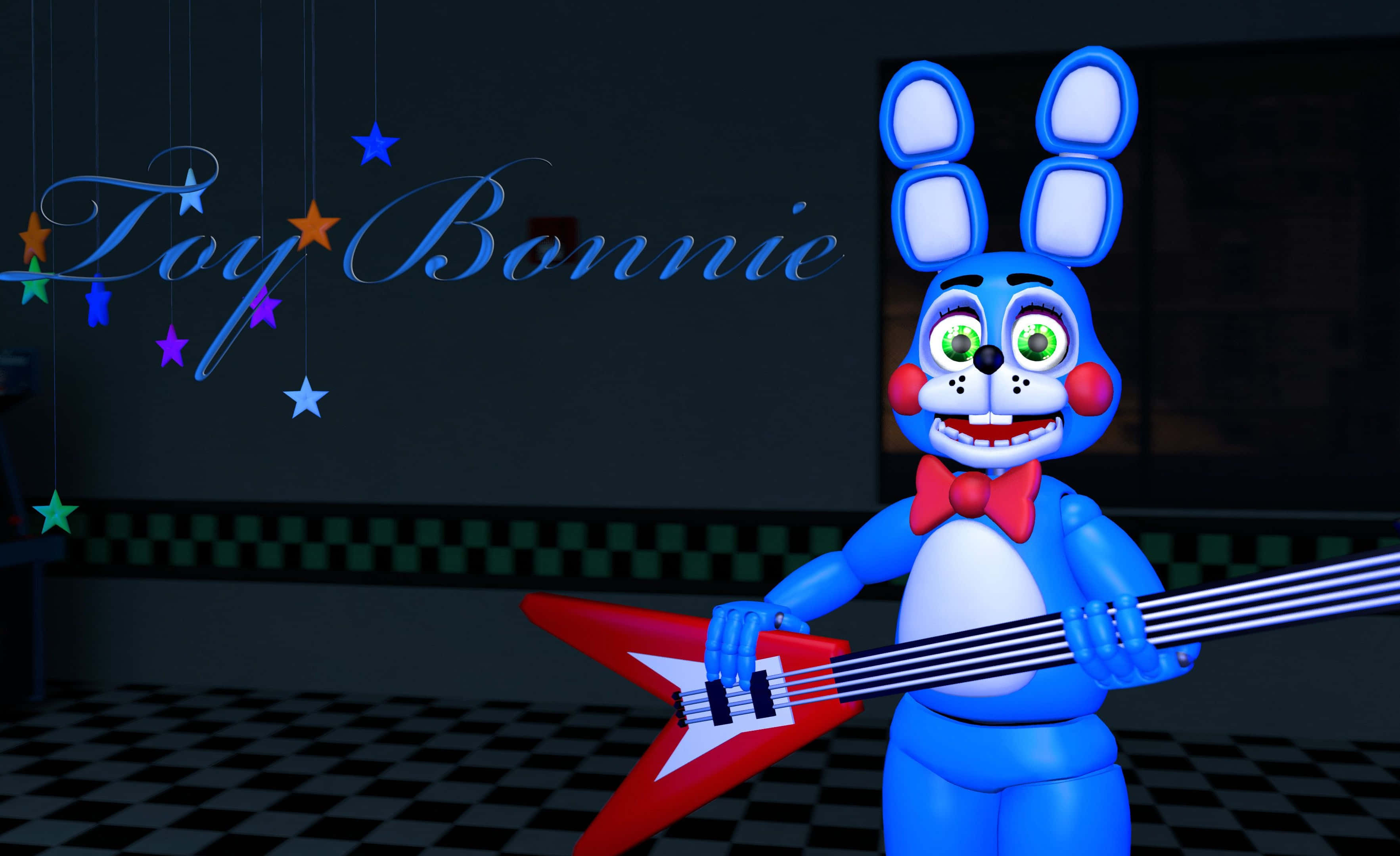 Bonnie The Bunny 桌布 壁紙 — 一隻名為 Toy Bonnie 的藍色兔子機械人在方格房間的懸掛星星下彈奏紅色電貝斯吉他。