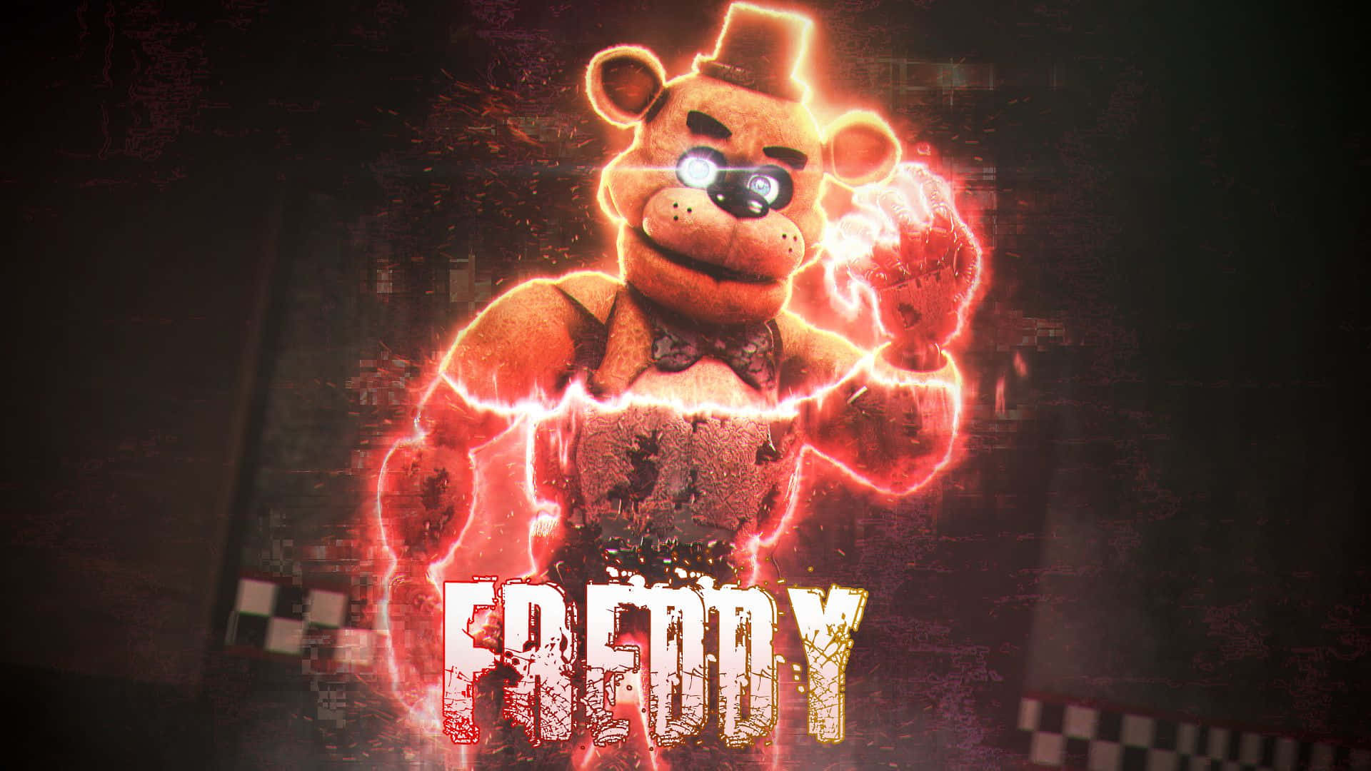 Freddy Fazbear 桌布 壁紙 — 一隻名為Freddy的駭人電子熊在深色格子背景上發出電光紅色的能量。