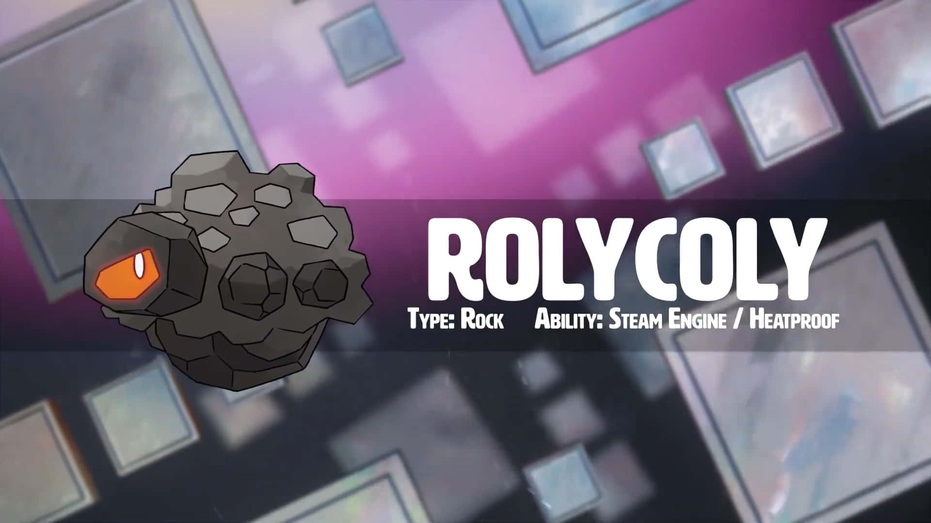 寶可夢 桌布 壁紙 — 一隻名為Rolycoly的卡通岩石寶可夢，擁有發光的橙色眼睛，漂浮在充滿活力的紫色和粉紅色像素背景上。
