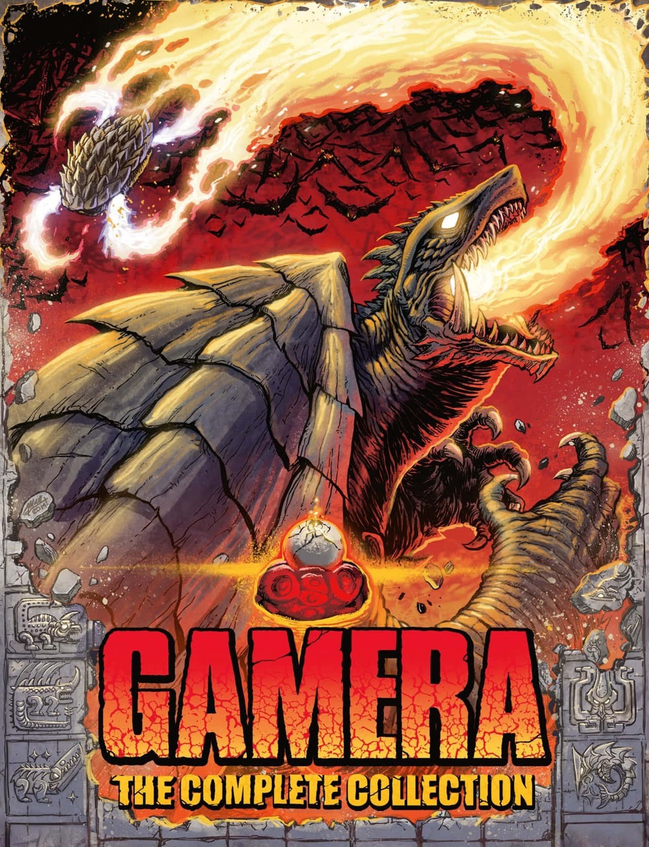 Gamera 桌布 壁紙 — 一隻名為加美拉的火焰哥吉拉式怪獸在火山爆發中咆哮，眼睛發光，尾巴帶刺。