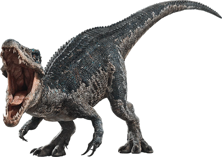 Jurassic World 桌布 壁紙 — 一隻咆哮的、有紋理的獸腳類恐龍，張開嘴巴露出尖牙，站在黑色背景前。