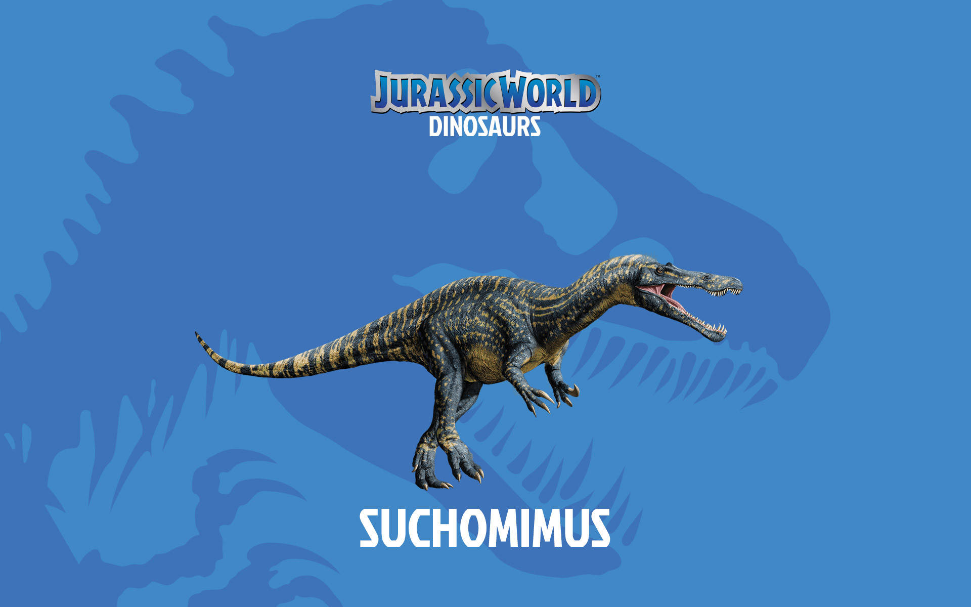 Funny Dinosaur 桌布 壁紙 — 一隻咆哮的似鱷龍恐龍，帶有條紋皮膚，在藍色背景上跳躍，背景中有一個陰影恐龍輪廓和 Jurassic World 文字。