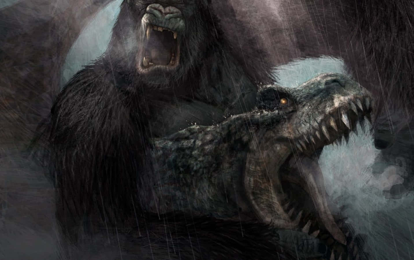 King Kong 桌布 壁紙 — 一隻咆哮的大猩猩和一隻咆哮的鱷魚在風雨交加、黑暗迷霧籠罩的叢林中激烈搏鬥。