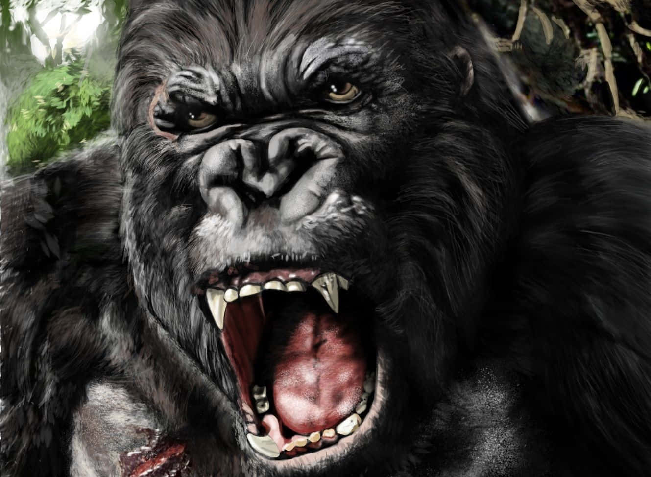 King Kong 桌布 壁紙 — 一隻咆哮的大猩猩露出牙齒，眼神銳利，主宰著茂密的叢林背景。