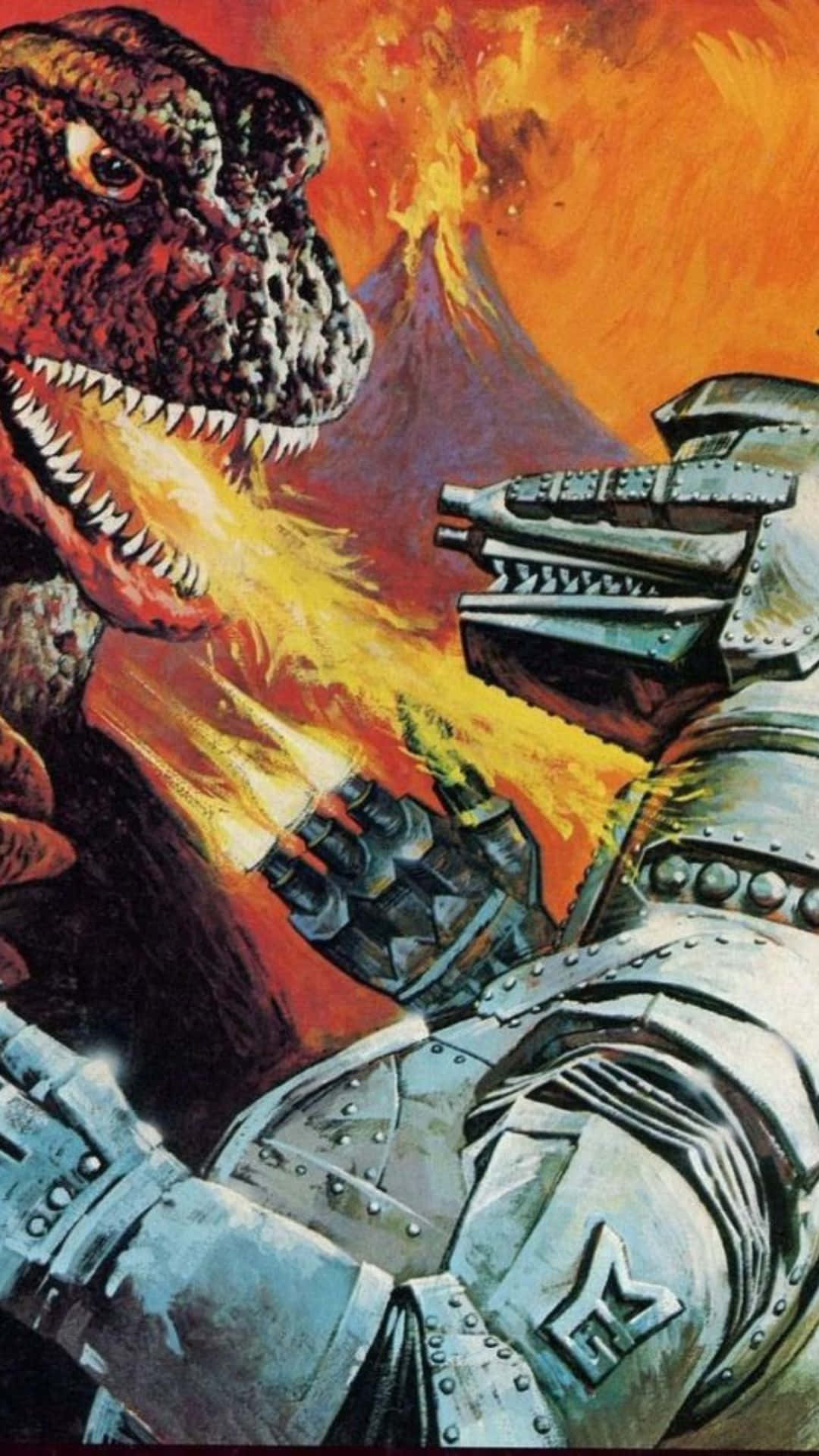 Godzilla Vs Mechagodzilla 桌布 壁紙 — 一隻咆哮的恐龍在橙色的天空下，於熾熱的火山爆發中與裝甲機器人戰鬥。