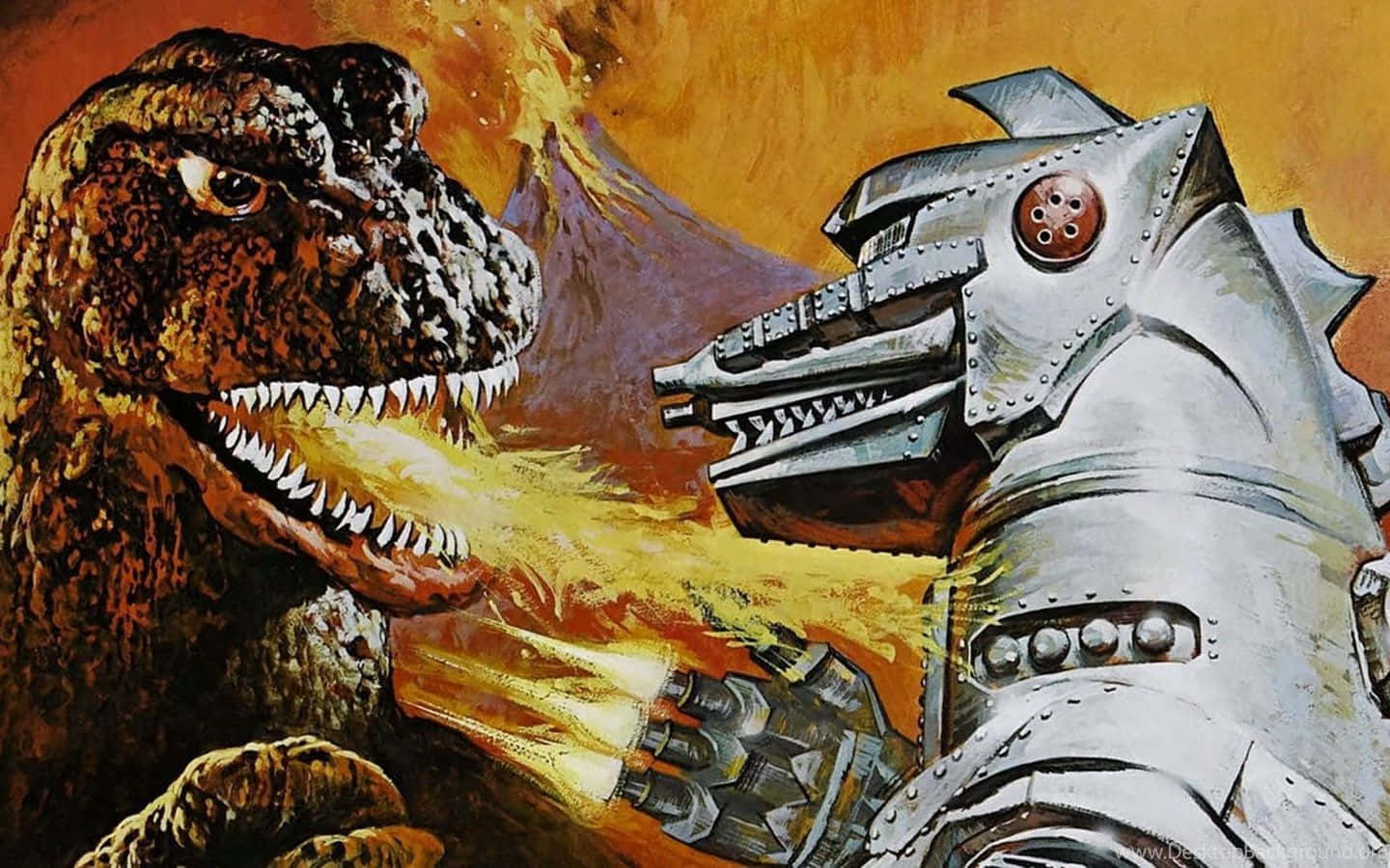 Godzilla 1954 桌布 壁紙 — 一隻咆哮的恐龍在熾熱的火山景觀中與金屬機器人對峙。