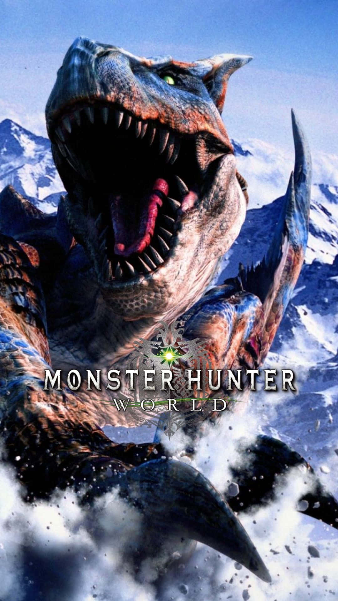 Android Monster Hunter World 桌布 壁紙 — 一隻咆哮的恐龍狀怪物，擁有發光的綠色眼睛和鋒利的牙齒，在遊戲海報中衝過雪山。