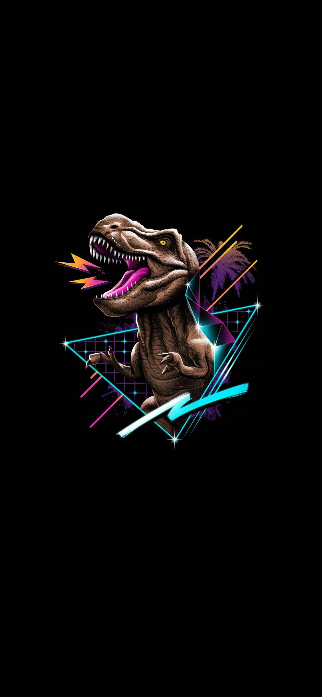 Cool Art Phone 桌布 壁紙 — 一隻咆哮的暴龍，擁有發光的眼睛和鋒利的牙齒，被霓虹幾何形狀包圍，背景為黑色。