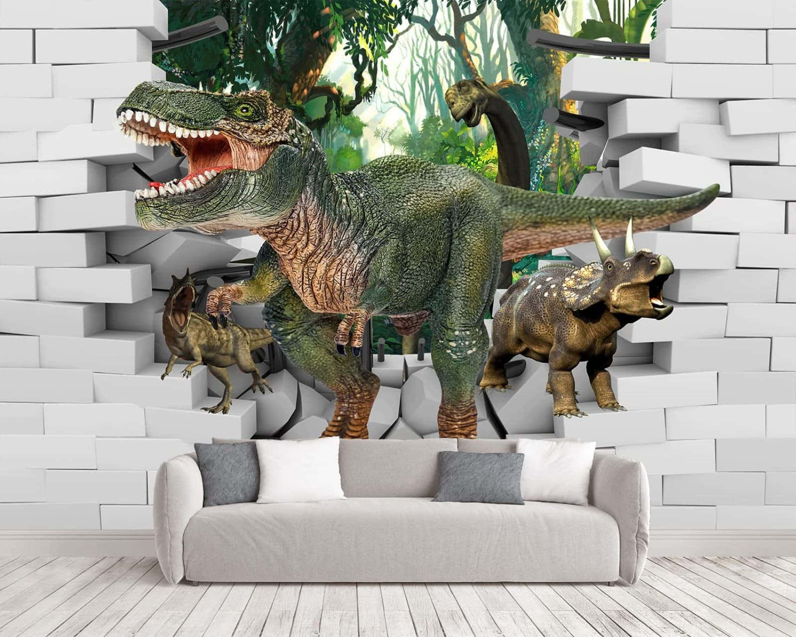 3d Dinosaur 桌布 壁紙 — 一隻咆哮的暴龍和三角龍衝破白色磚牆，出現在茂密的叢林中，從現代客廳的角度觀看。