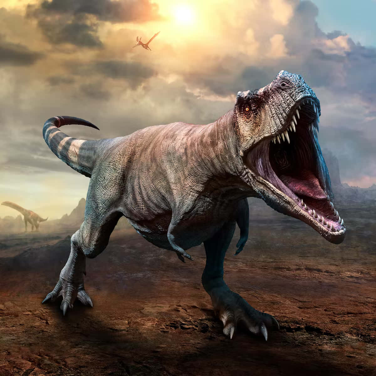 t-rex 桌布 壁紙 — 一隻咆哮的暴龍在塵土飛揚的史前平原上佔據主導地位，金色夕陽下，遠處有飛行的爬行動物。