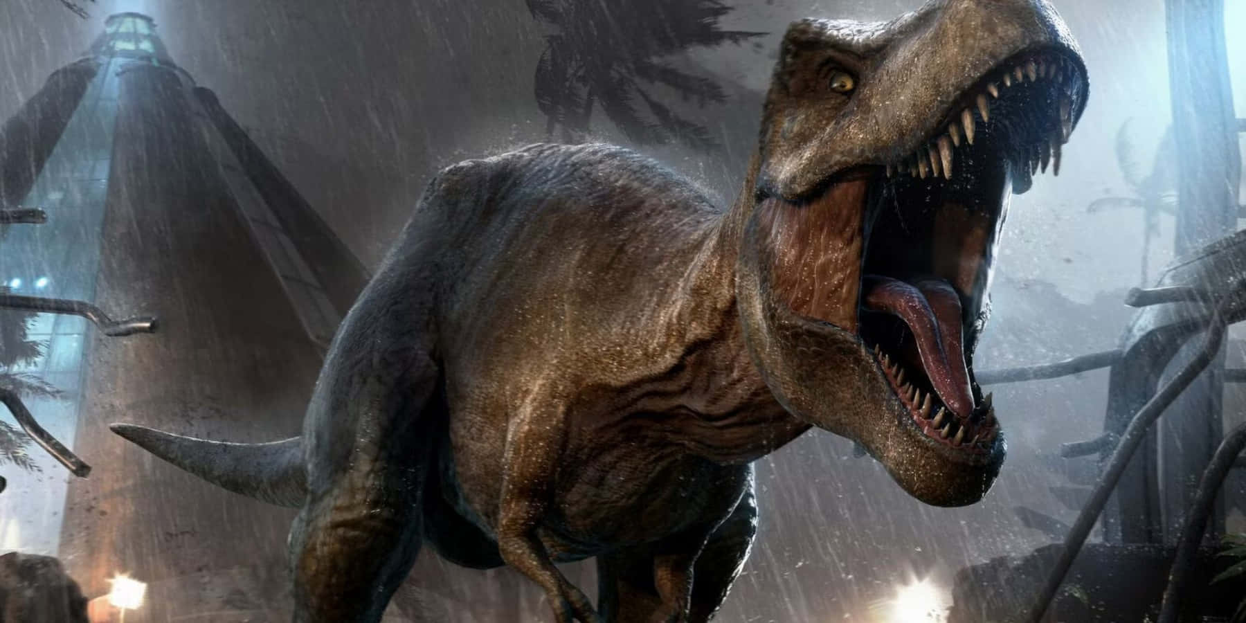 Jurassic World 桌布 壁紙 — 一隻咆哮的暴龍在迷霧叢林中，背景有古代遺跡和棕櫚樹。