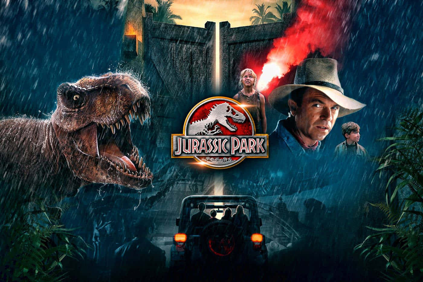 Jurassic World 桌布 壁紙 — 一隻咆哮的暴龍從叢林雨中猛撲過來，一輛吉普車帶著驚恐的遊客和暴風雨中的紅色信號彈，逃過發光的侏羅紀公園標誌。